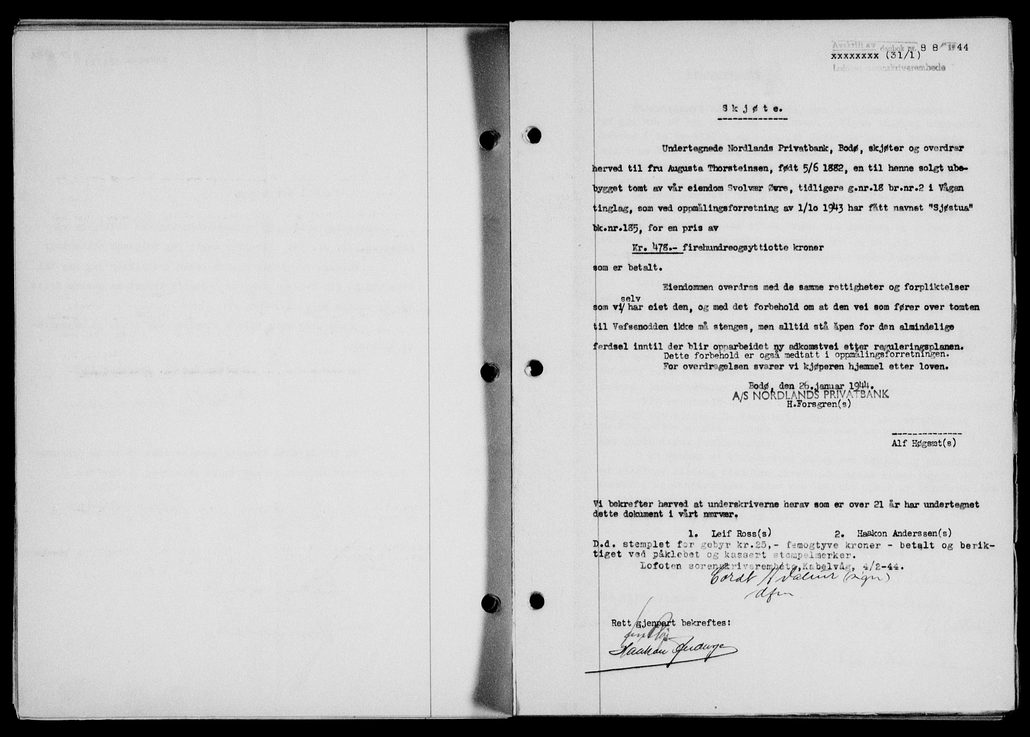 Lofoten sorenskriveri, SAT/A-0017/1/2/2C/L0012a: Mortgage book no. 12a, 1943-1944, Diary no: : 88/1944