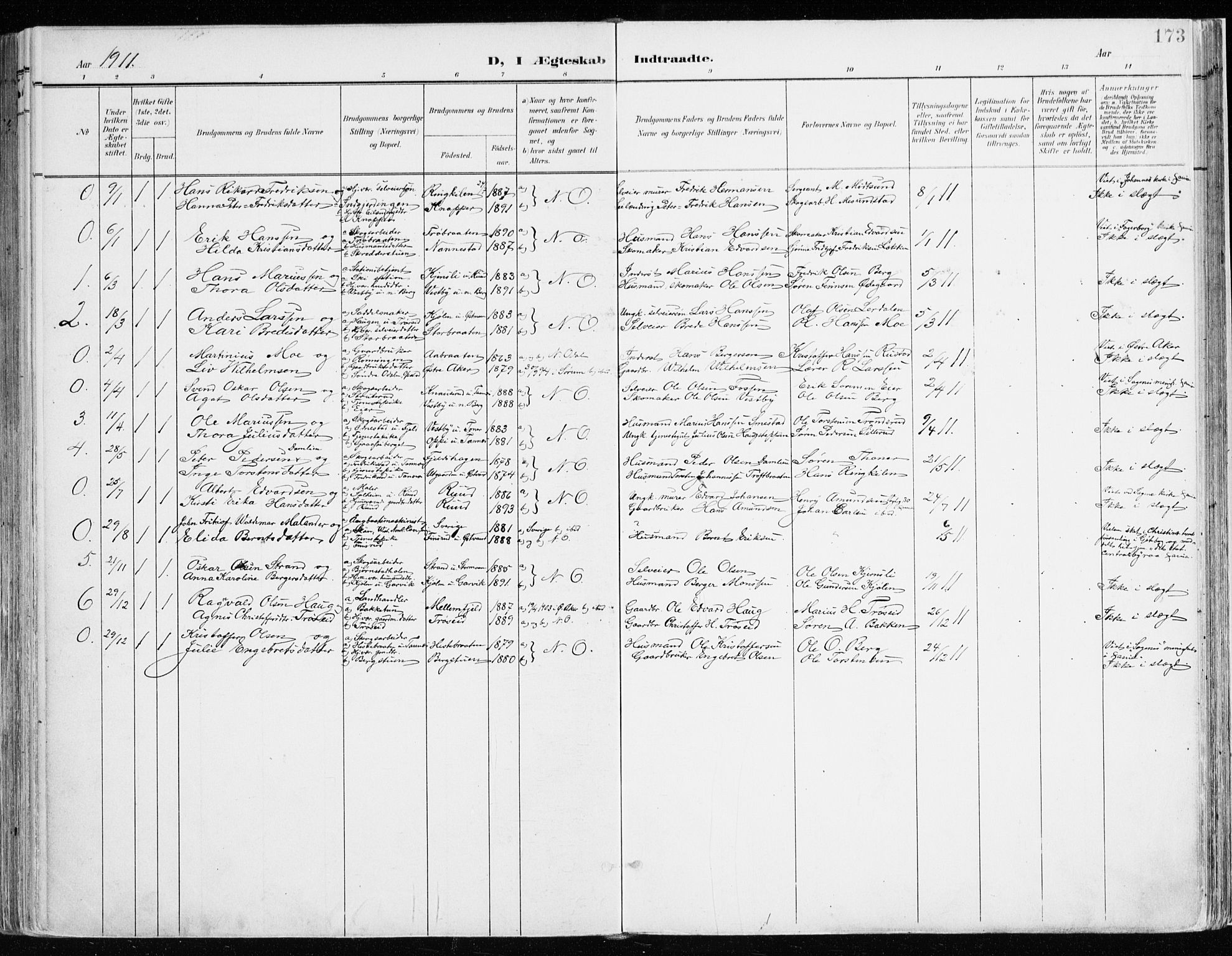Nord-Odal prestekontor, SAH/PREST-032/H/Ha/Haa/L0009: Parish register (official) no. 9, 1902-1926, p. 173