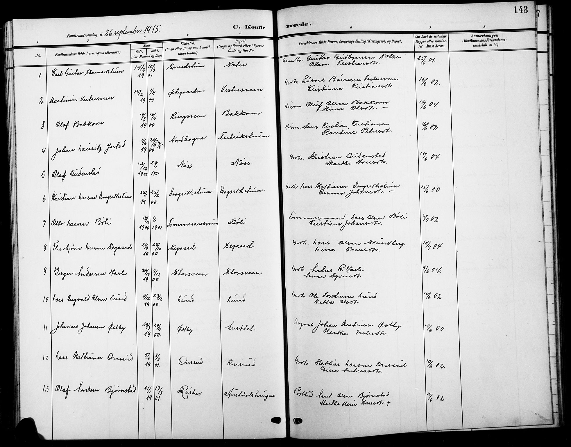 Biri prestekontor, SAH/PREST-096/H/Ha/Hab/L0005: Parish register (copy) no. 5, 1906-1919, p. 143