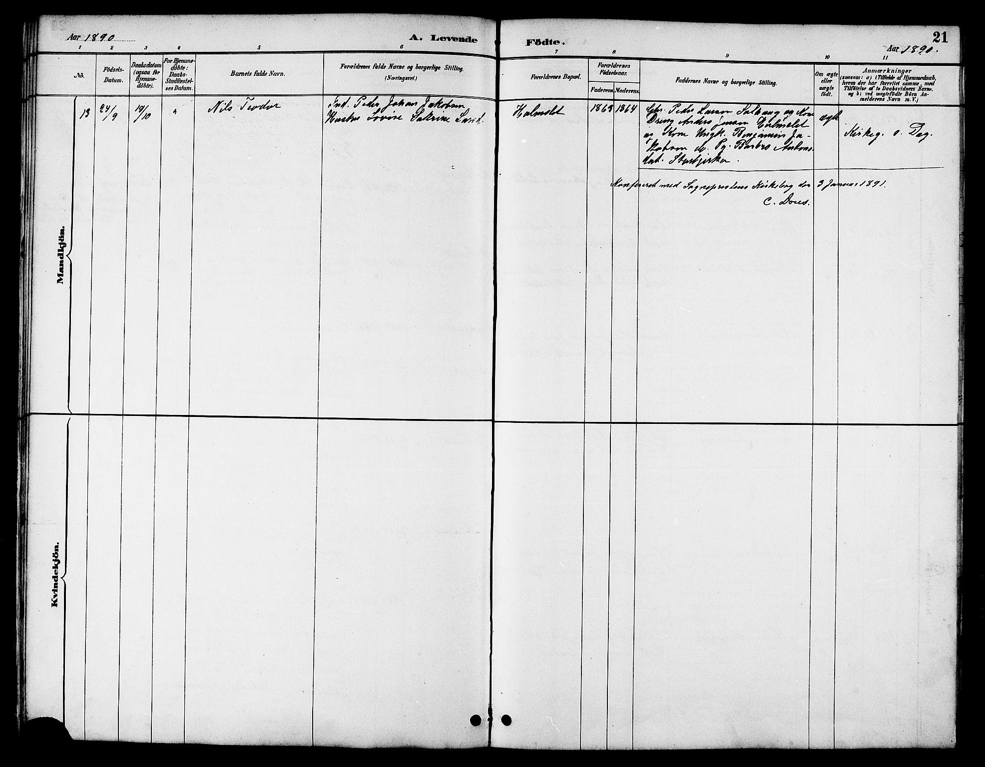 Ministerialprotokoller, klokkerbøker og fødselsregistre - Nordland, AV/SAT-A-1459/826/L0383: Parish register (copy) no. 826C03, 1887-1896, p. 21