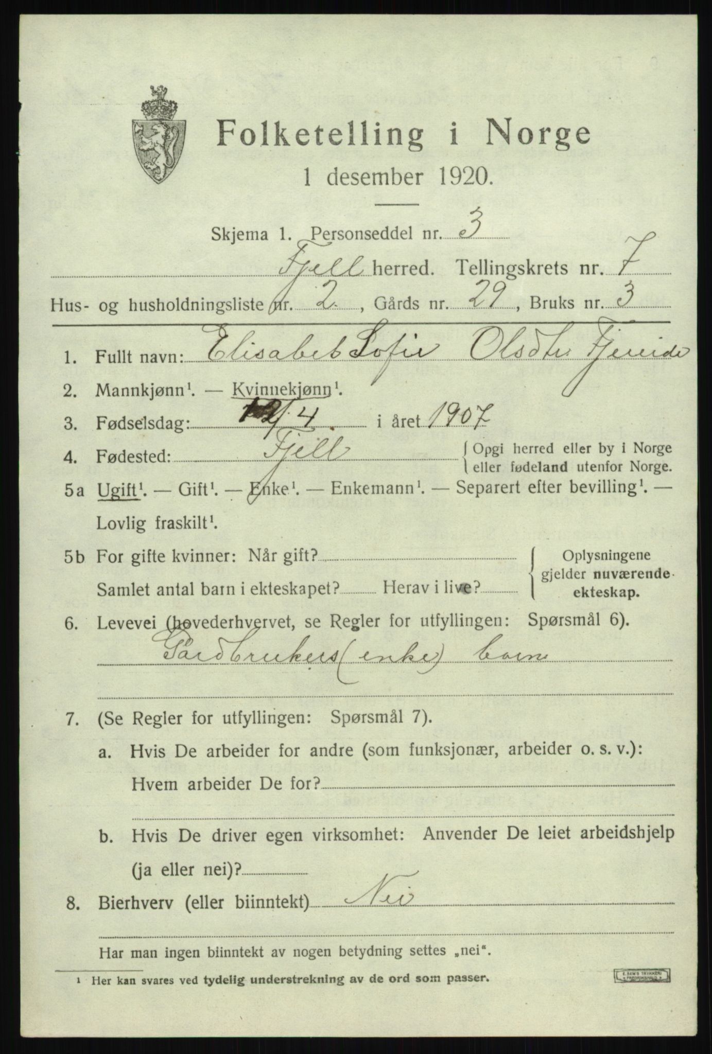 SAB, 1920 census for Fjell, 1920, p. 6416