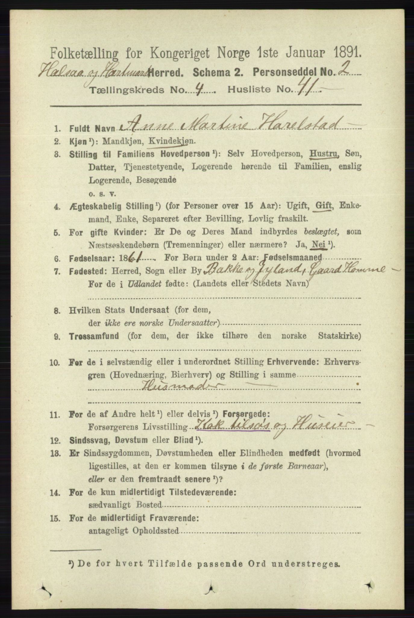 RA, 1891 census for 1019 Halse og Harkmark, 1891, p. 1702