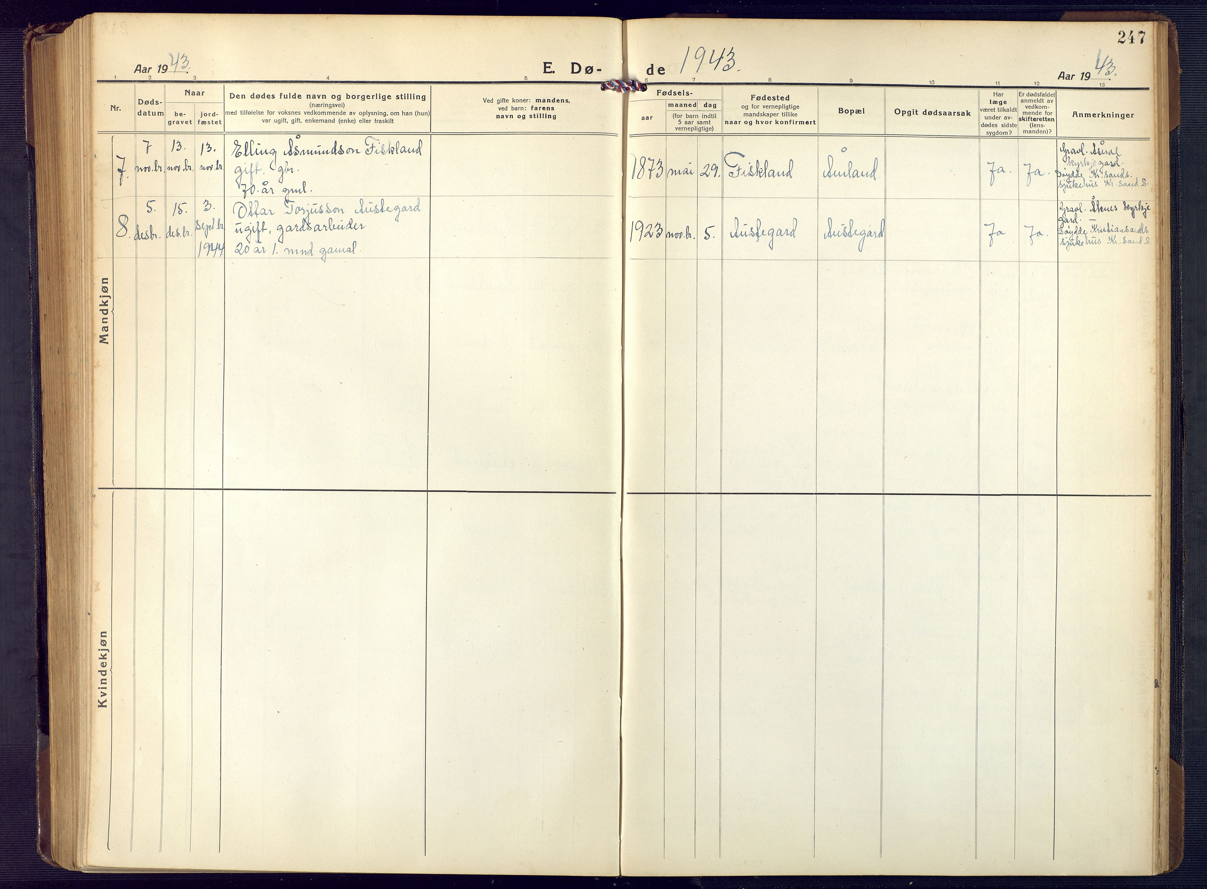 Åseral sokneprestkontor, SAK/1111-0051/F/Fb/L0004: Parish register (copy) no. B 4, 1920-1946, p. 247