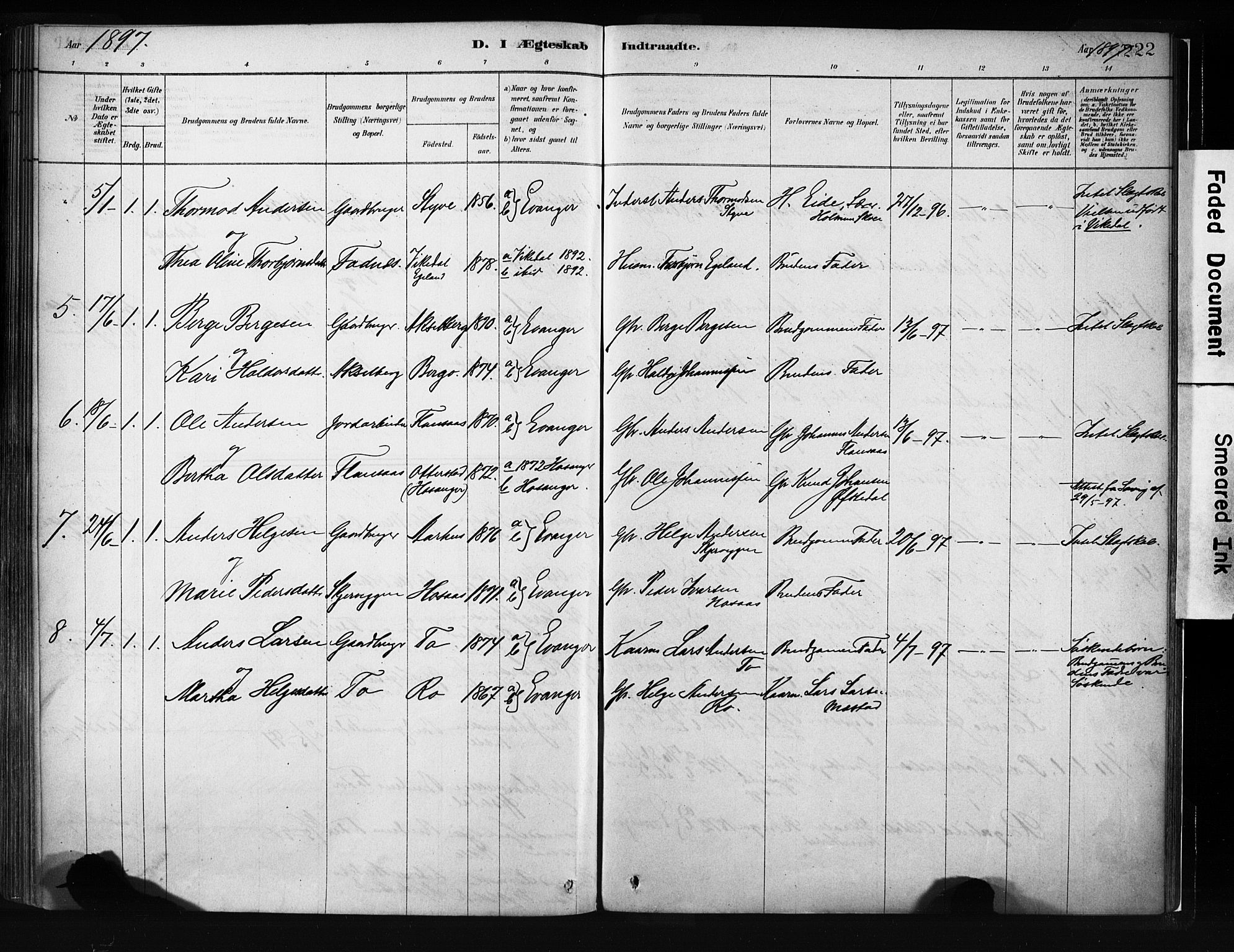 Evanger sokneprestembete, SAB/A-99924: Parish register (official) no. A 1, 1877-1899, p. 222