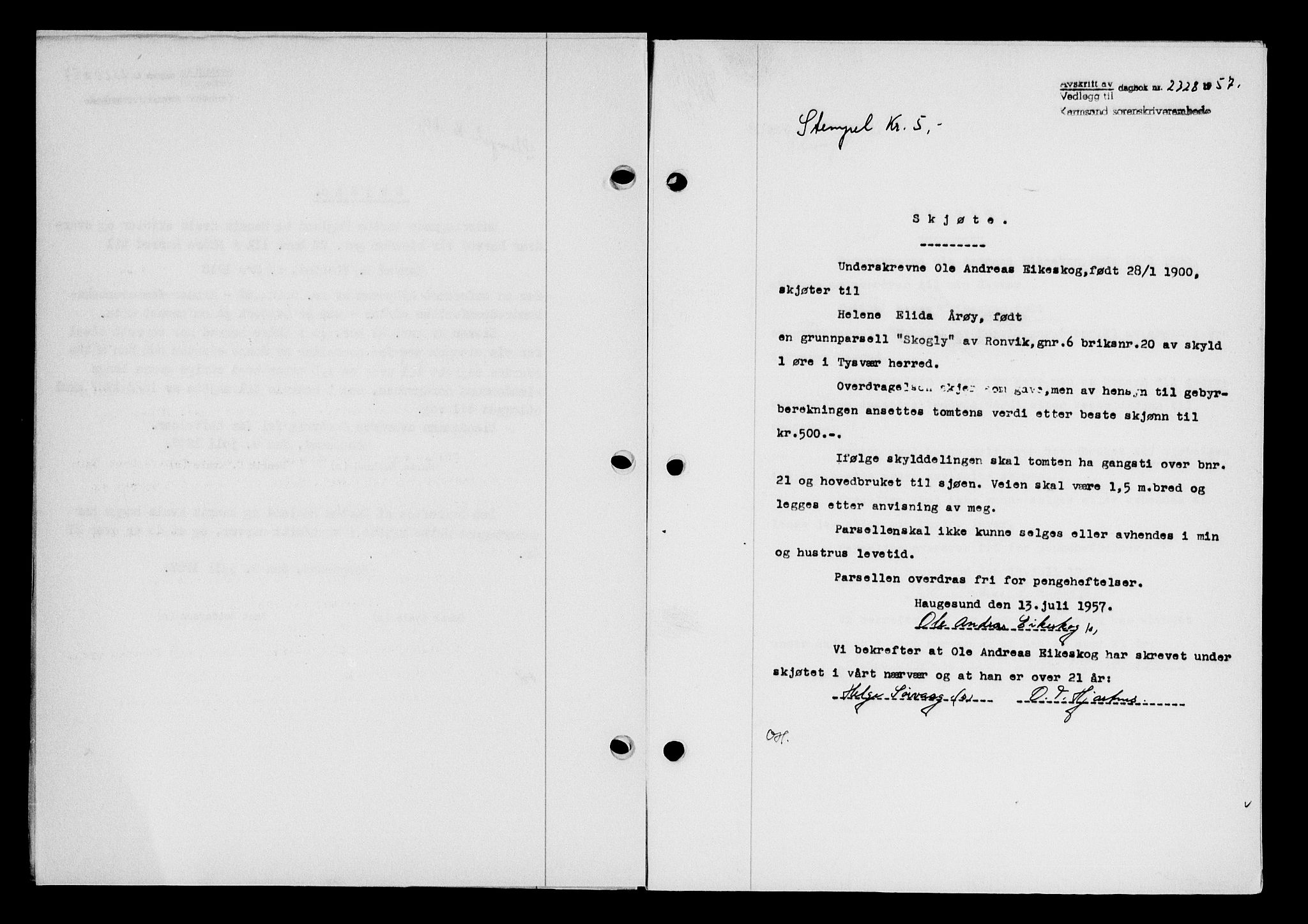 Karmsund sorenskriveri, AV/SAST-A-100311/01/II/IIB/L0125: Mortgage book no. 105A, 1957-1957, Diary no: : 2328/1957