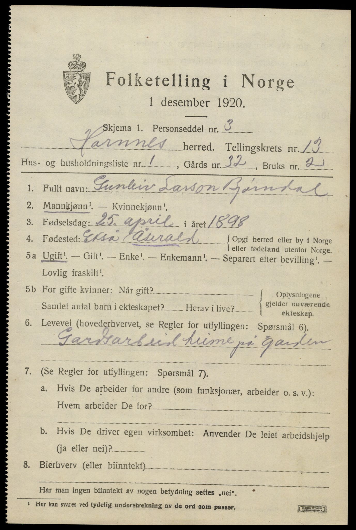 SAK, 1920 census for Hornnes, 1920, p. 3053