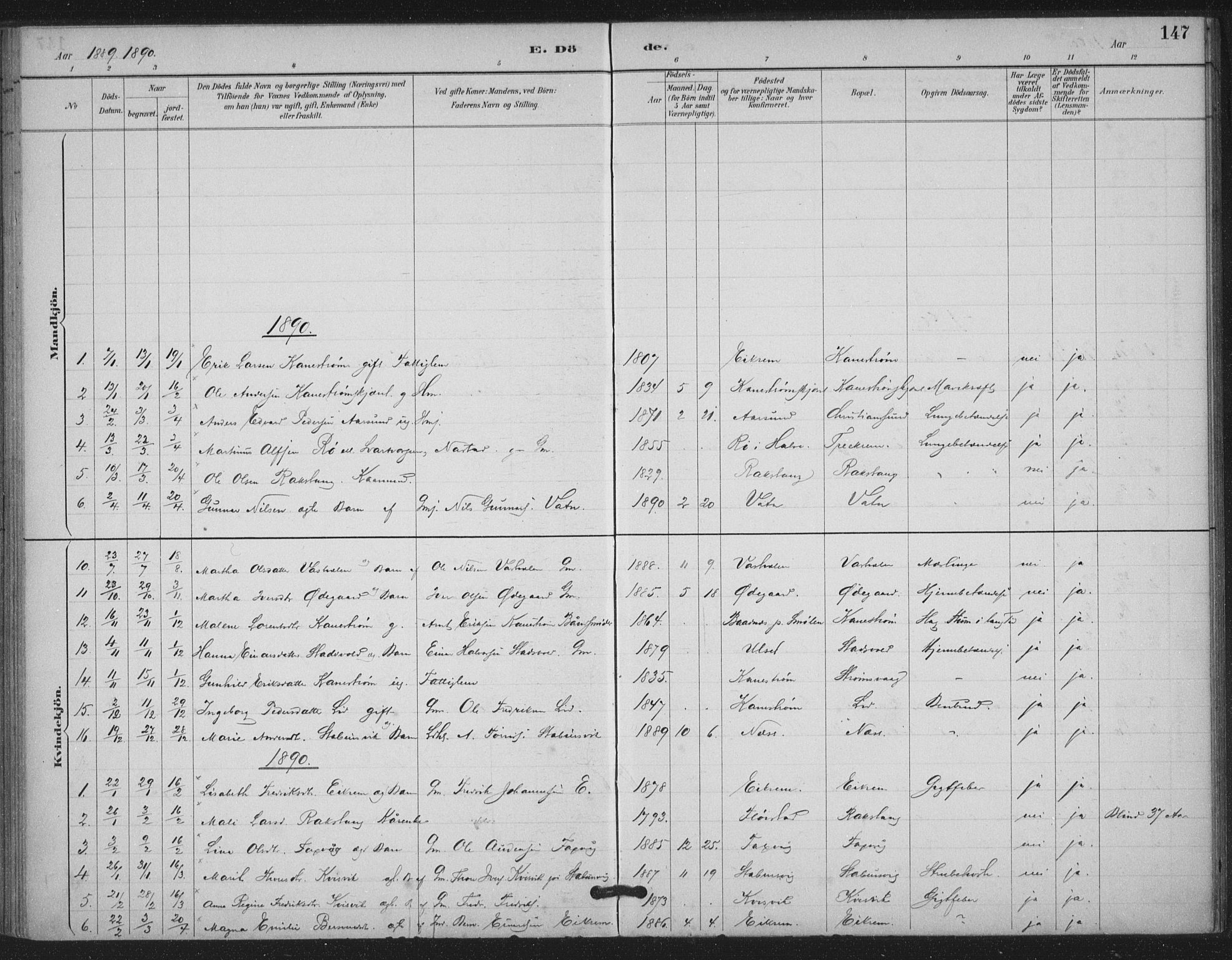 Ministerialprotokoller, klokkerbøker og fødselsregistre - Møre og Romsdal, AV/SAT-A-1454/587/L1000: Parish register (official) no. 587A02, 1887-1910, p. 147