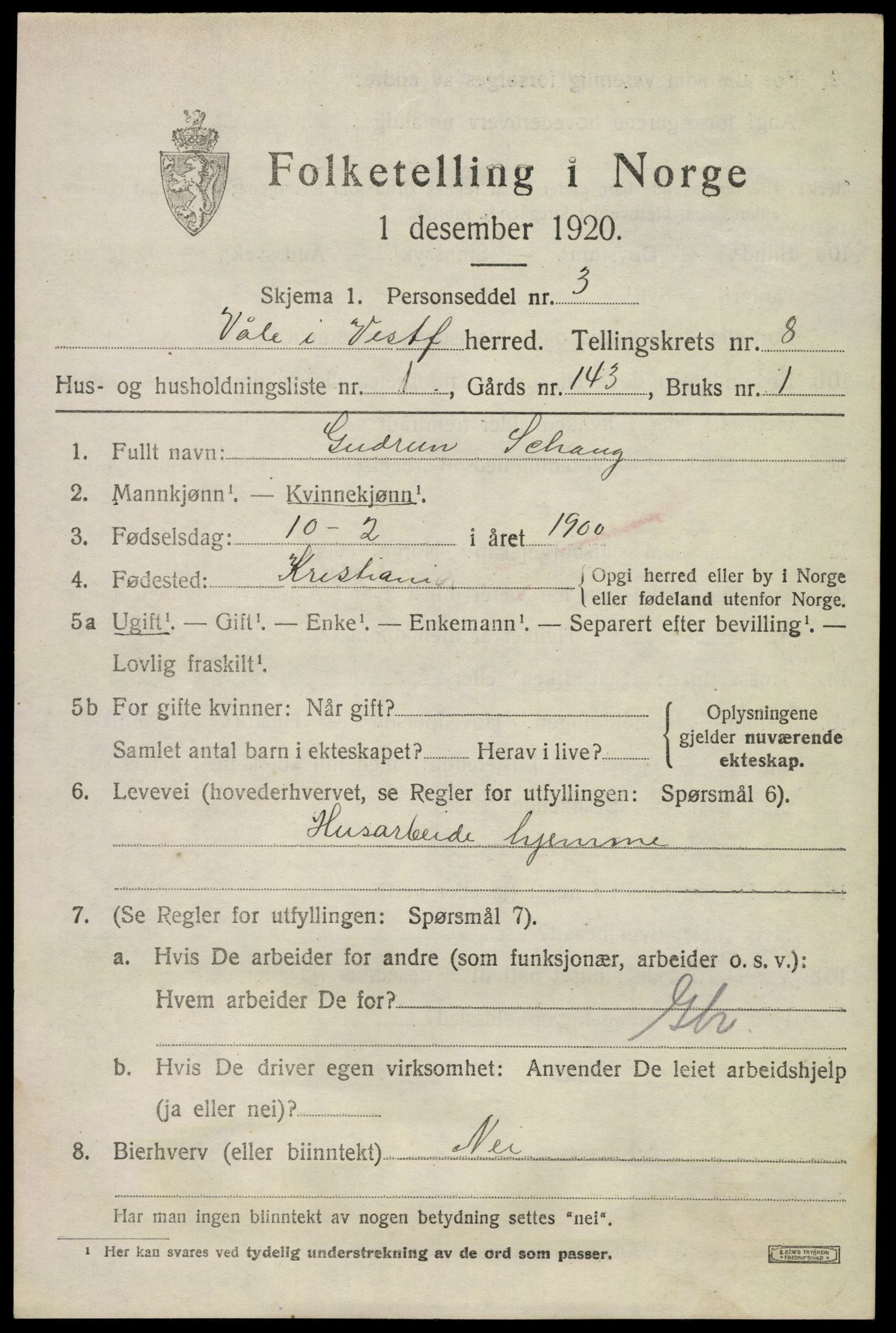 SAKO, 1920 census for Våle, 1920, p. 6164