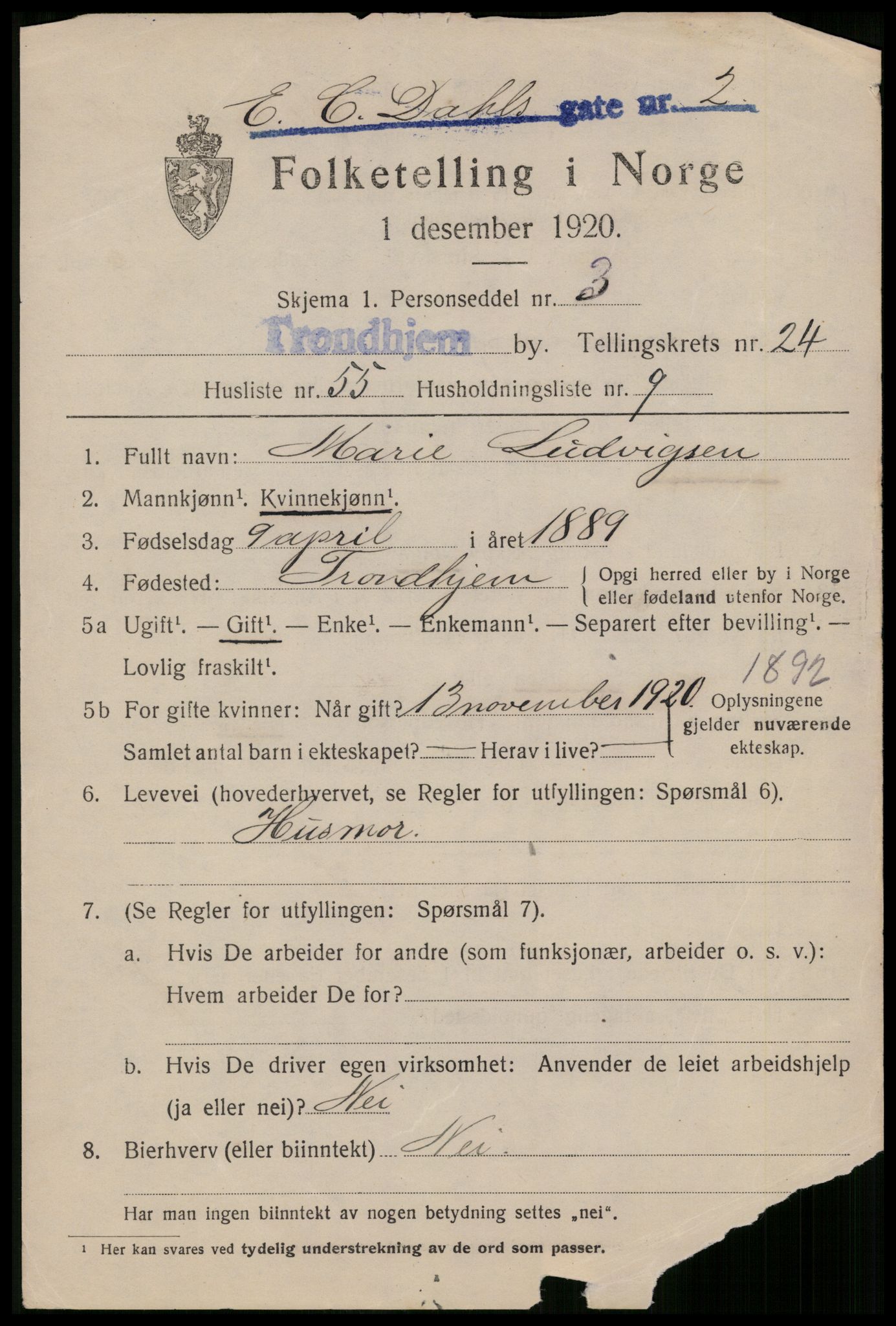 SAT, 1920 census for Trondheim, 1920, p. 67022