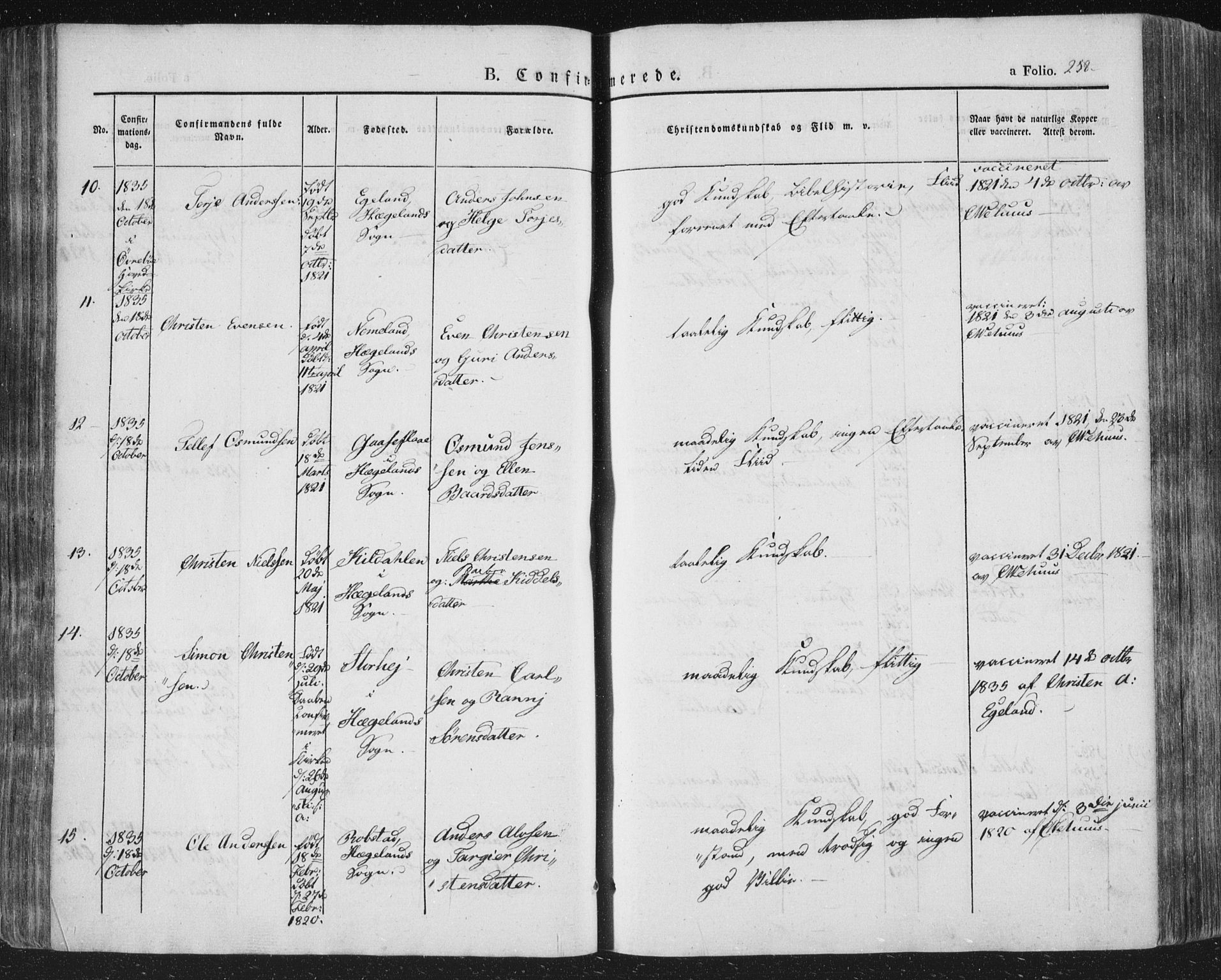 Vennesla sokneprestkontor, AV/SAK-1111-0045/Fa/Fac/L0004: Parish register (official) no. A 4, 1834-1855, p. 258