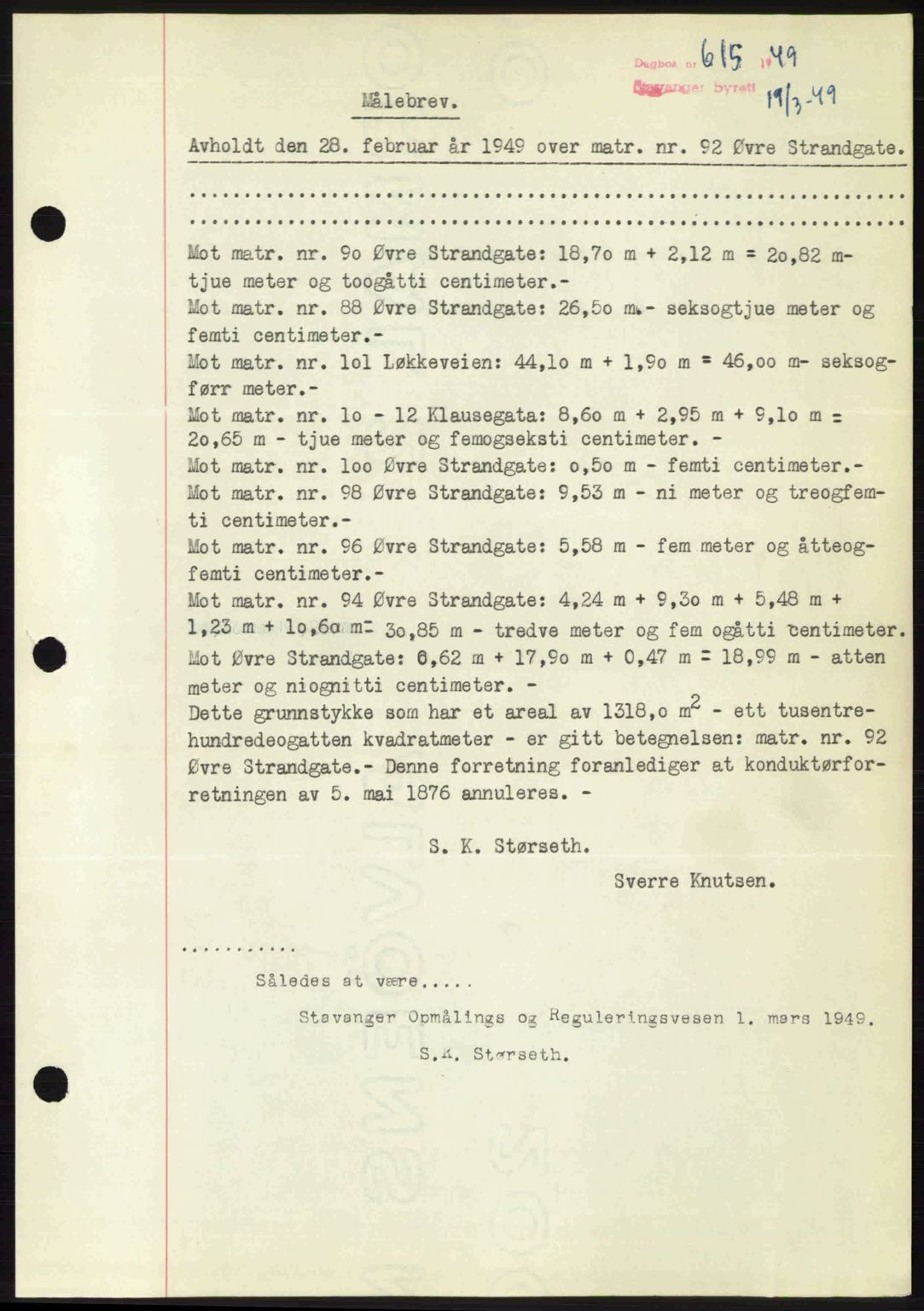 Stavanger byrett, SAST/A-100455/002/G/Gb/L0023: Mortgage book no. A12, 1948-1949, Diary no: : 615/1949