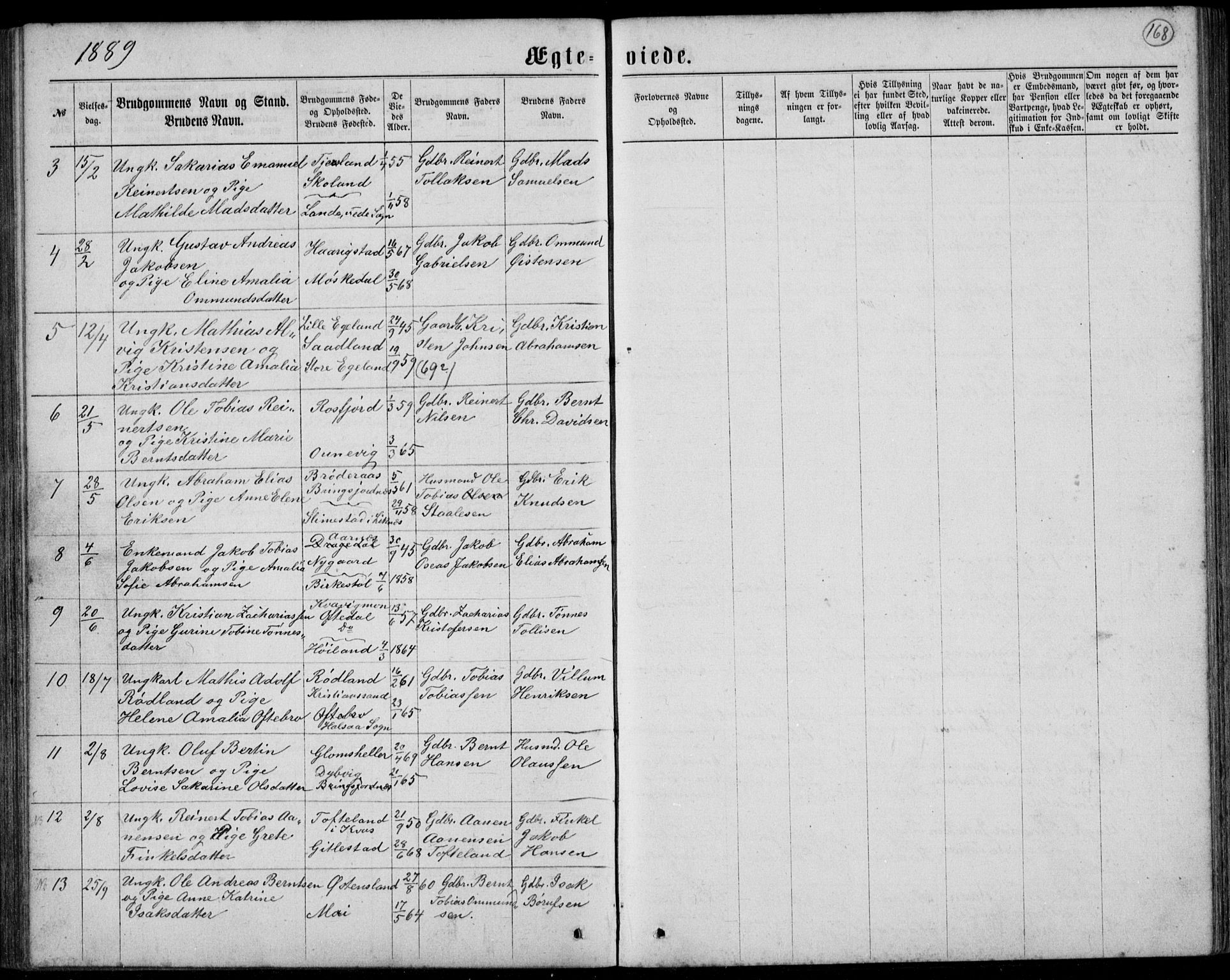 Lyngdal sokneprestkontor, SAK/1111-0029/F/Fb/Fbc/L0004: Parish register (copy) no. B 4, 1878-1896, p. 168