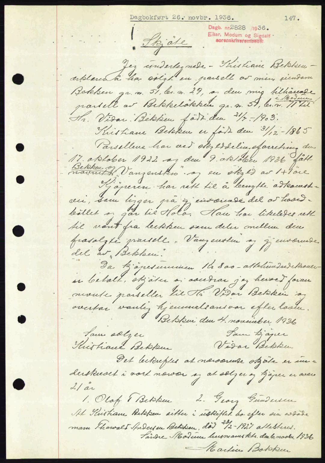 Eiker, Modum og Sigdal sorenskriveri, SAKO/A-123/G/Ga/Gab/L0034: Mortgage book no. A4, 1936-1937, Diary no: : 2828/1936
