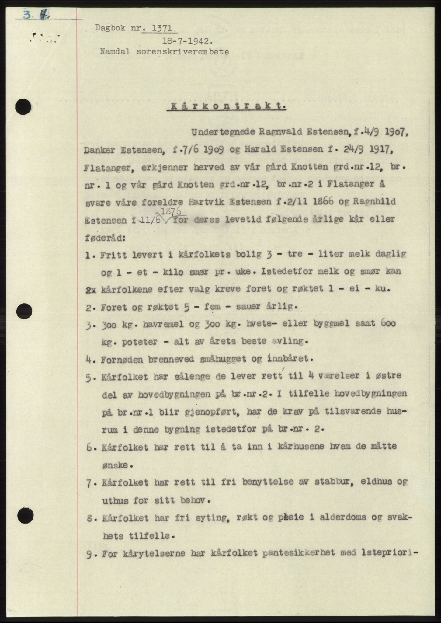Namdal sorenskriveri, SAT/A-4133/1/2/2C: Mortgage book no. -, 1942-1943, Diary no: : 1371/1942