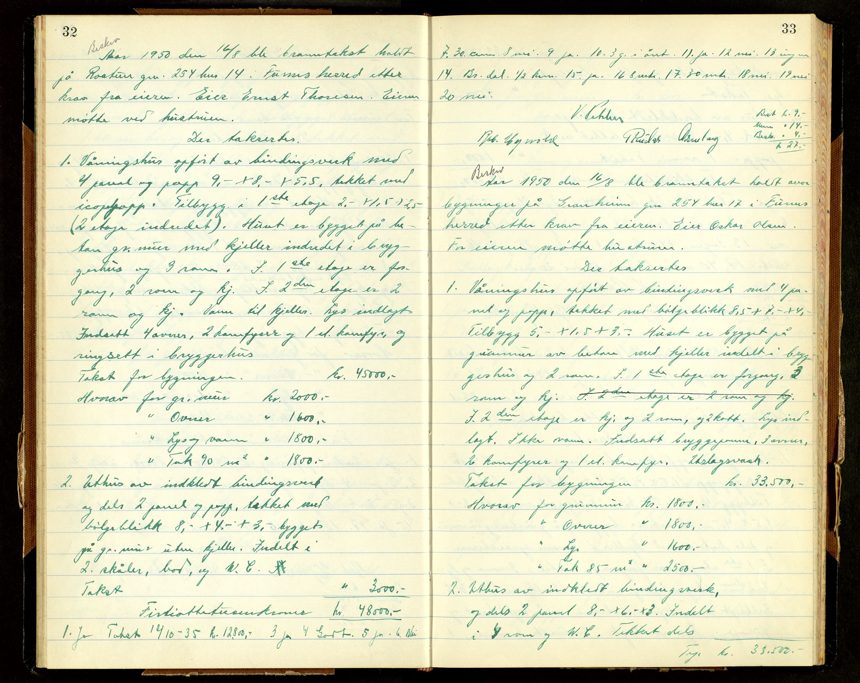 Norges Brannkasse, Furnes, AV/SAH-NBRANF-004/F/L0005: Branntakstprotokoll, 1950-1958, p. 32-33