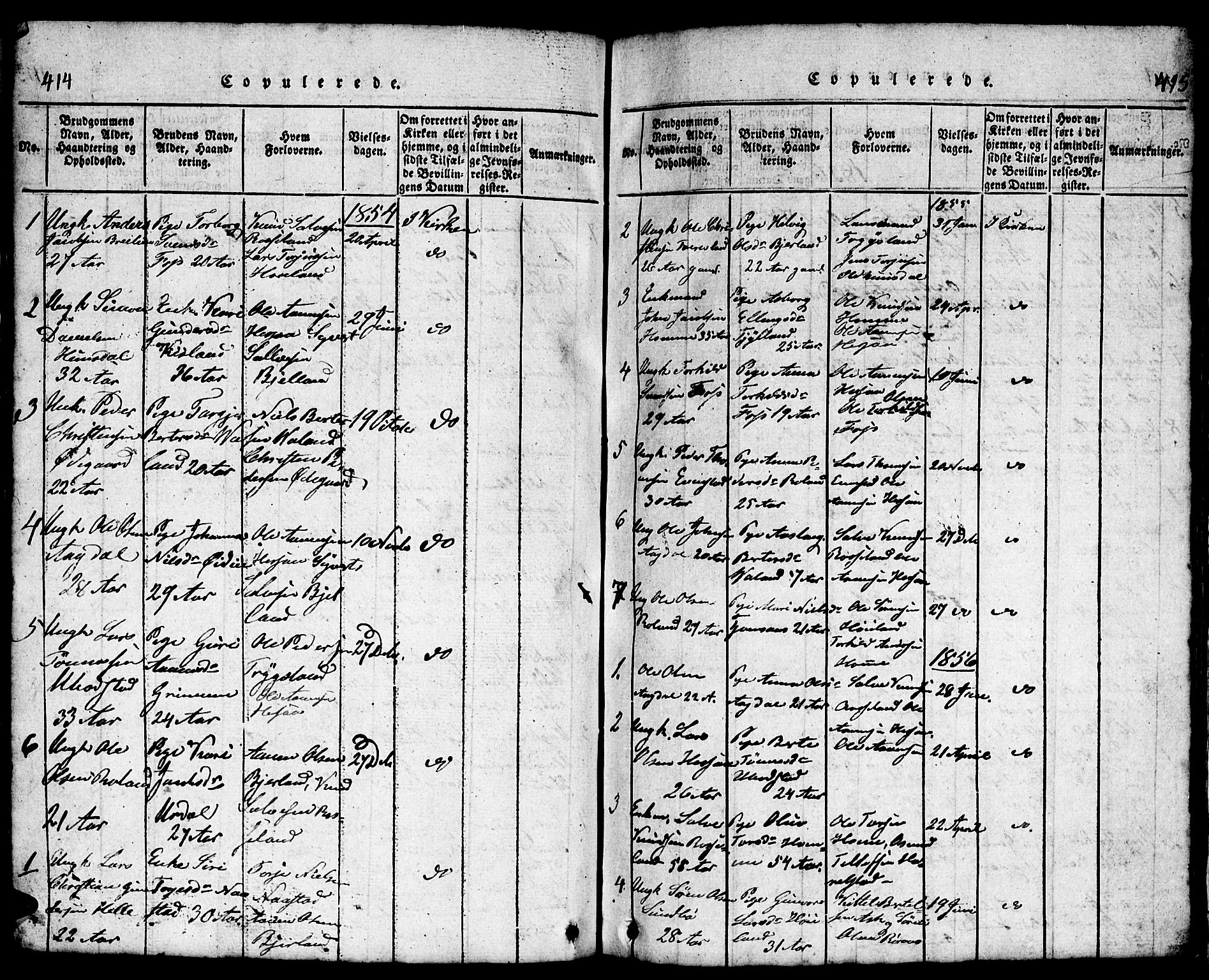 Bjelland sokneprestkontor, SAK/1111-0005/F/Fb/Fba/L0003: Parish register (copy) no. B 3, 1816-1870, p. 414-415
