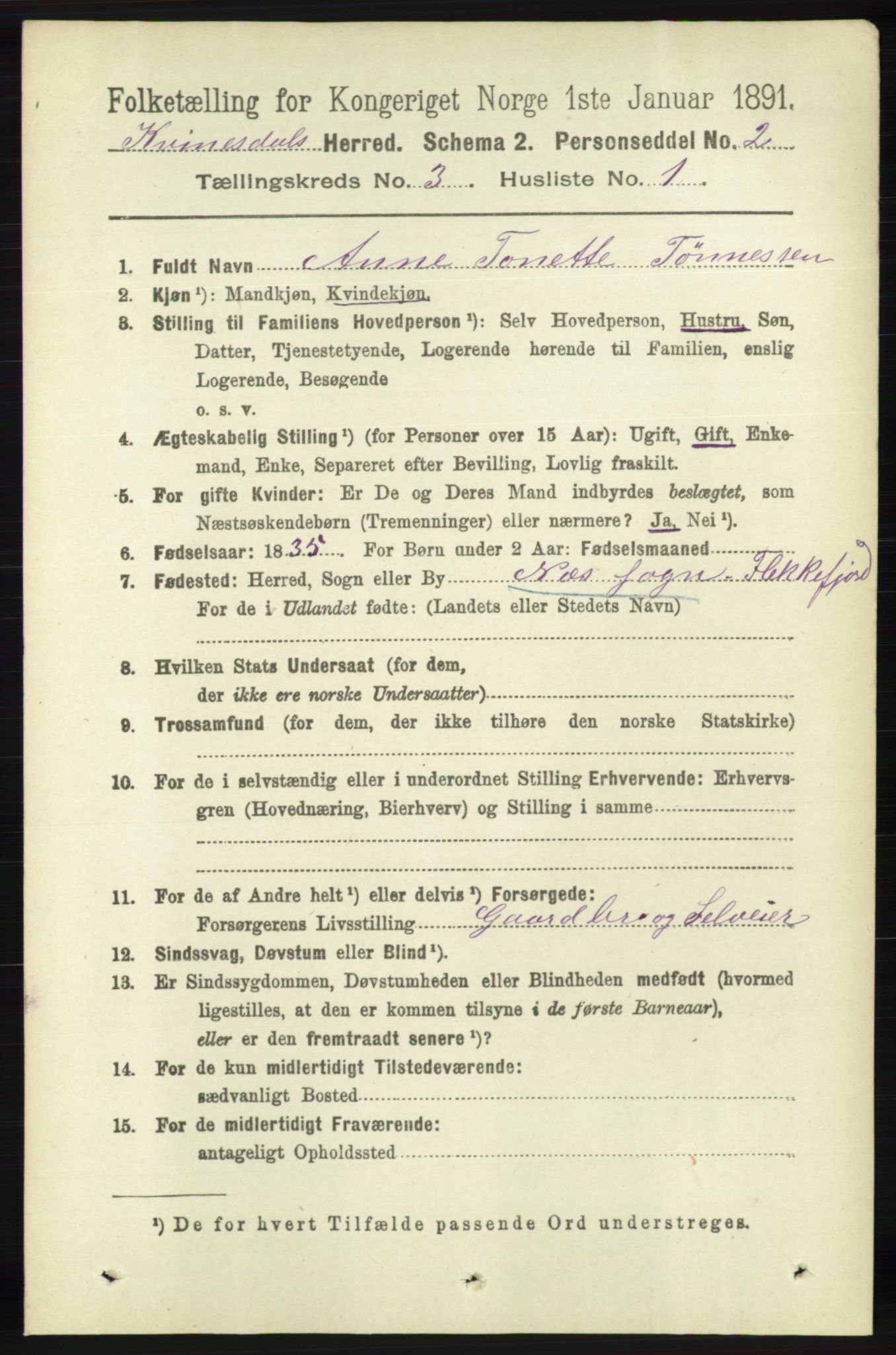 RA, 1891 census for 1037 Kvinesdal, 1891, p. 1026