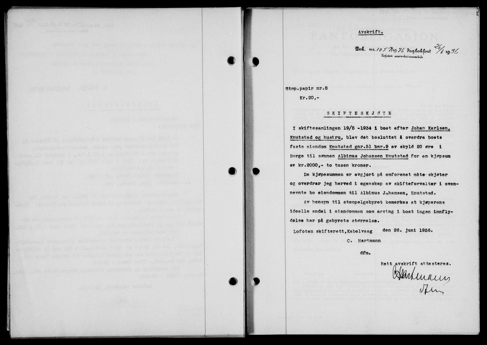 Lofoten sorenskriveri, SAT/A-0017/1/2/2C/L0033b: Mortgage book no. 33b, 1936-1936, Diary no: : 1057/1936