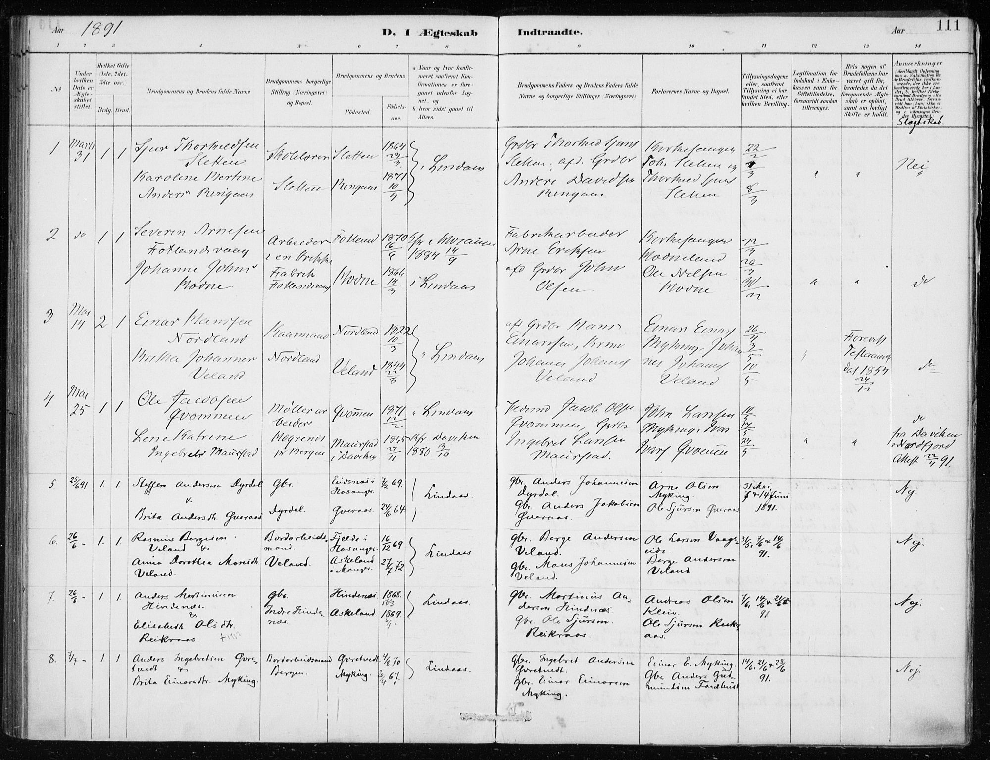 Lindås Sokneprestembete, SAB/A-76701/H/Haa: Parish register (official) no. F  1, 1886-1897, p. 111