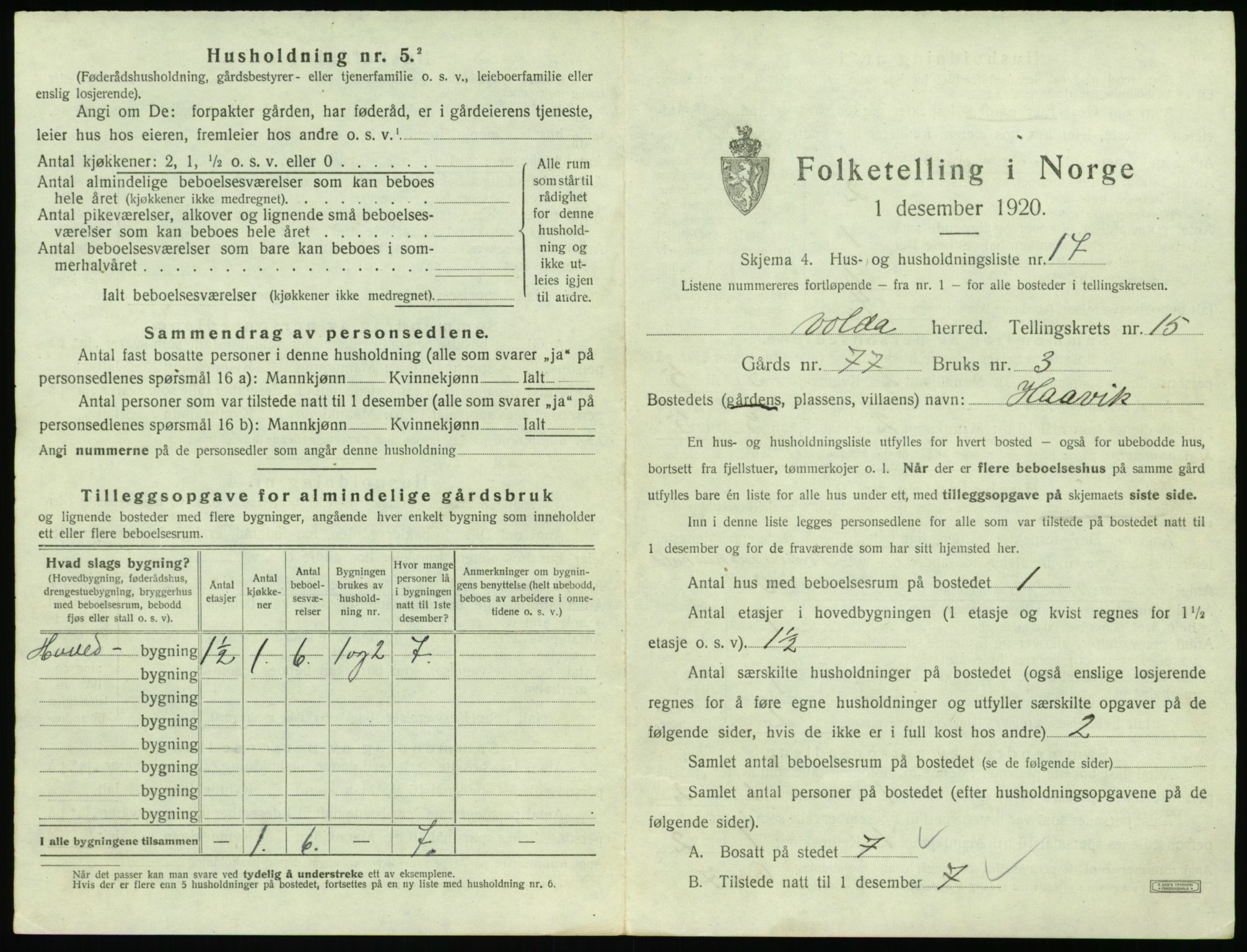 SAT, 1920 census for Volda, 1920, p. 1182