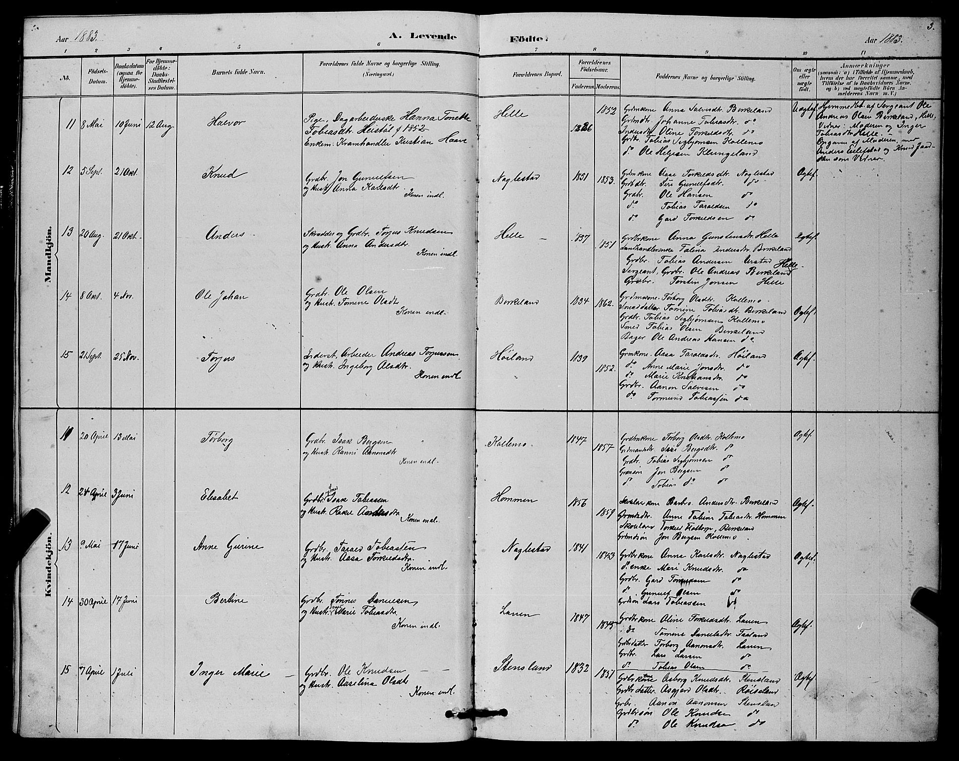 Hægebostad sokneprestkontor, AV/SAK-1111-0024/F/Fb/Fba/L0003: Parish register (copy) no. B 3, 1883-1896, p. 3