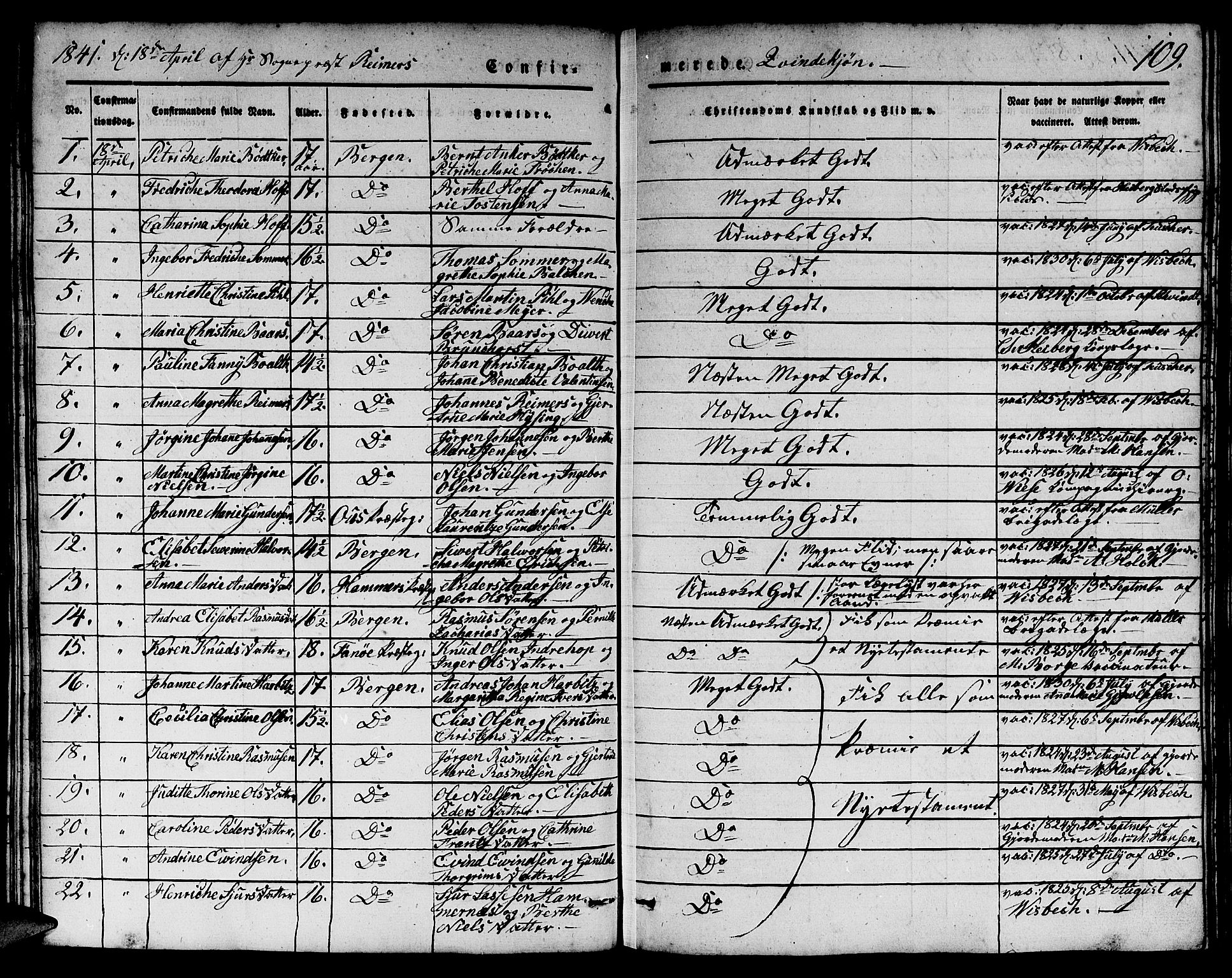Domkirken sokneprestembete, SAB/A-74801/H/Hab/L0022: Parish register (copy) no. C 2, 1839-1854, p. 109