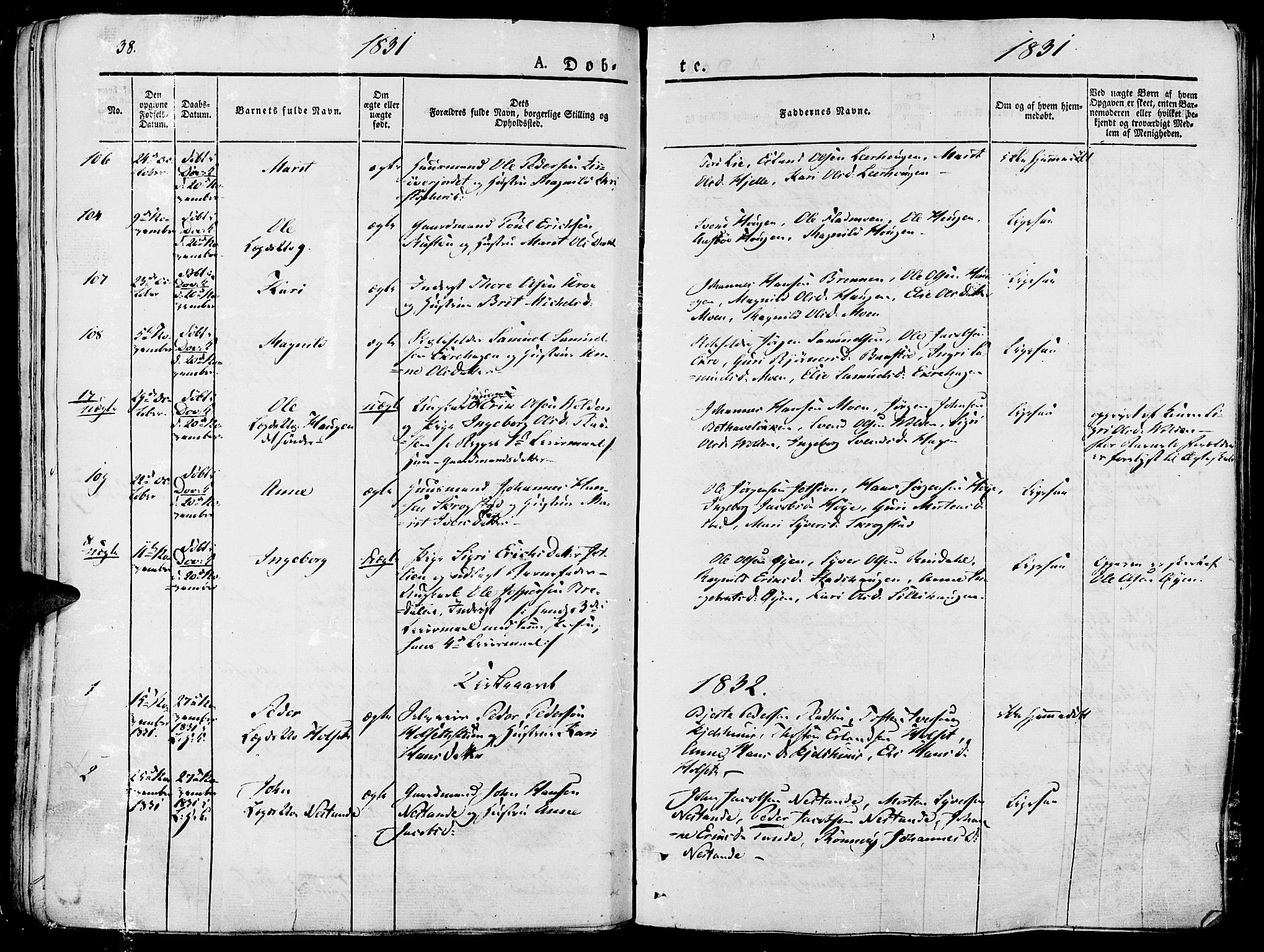 Lesja prestekontor, SAH/PREST-068/H/Ha/Haa/L0005: Parish register (official) no. 5, 1830-1842, p. 38