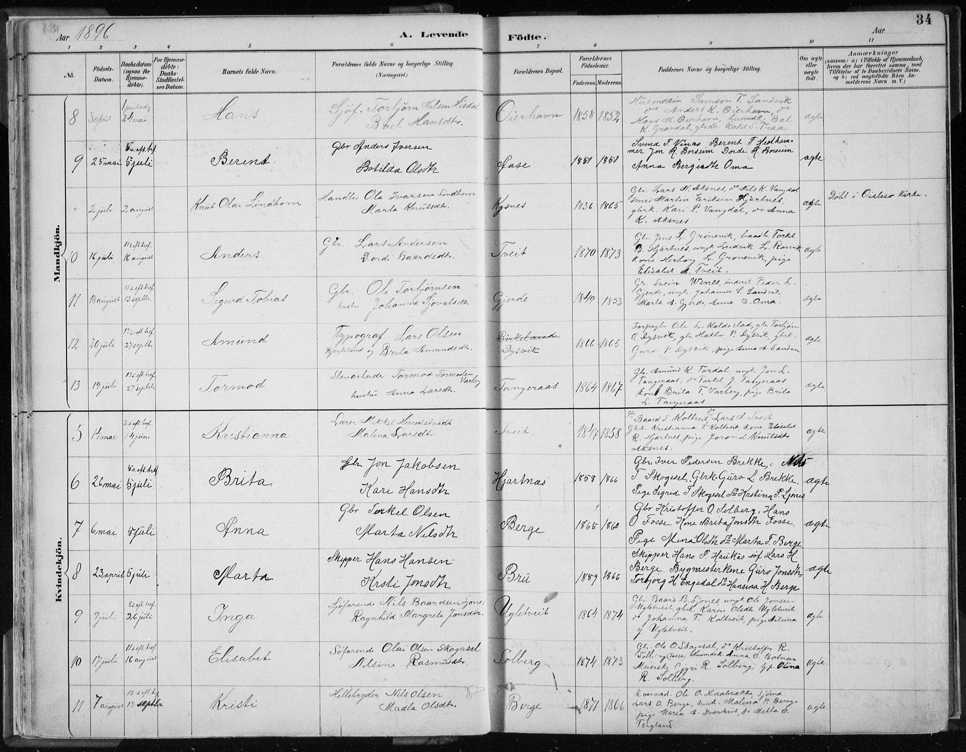 Strandebarm sokneprestembete, AV/SAB-A-78401/H/Haa: Parish register (official) no. B  1, 1886-1908, p. 34