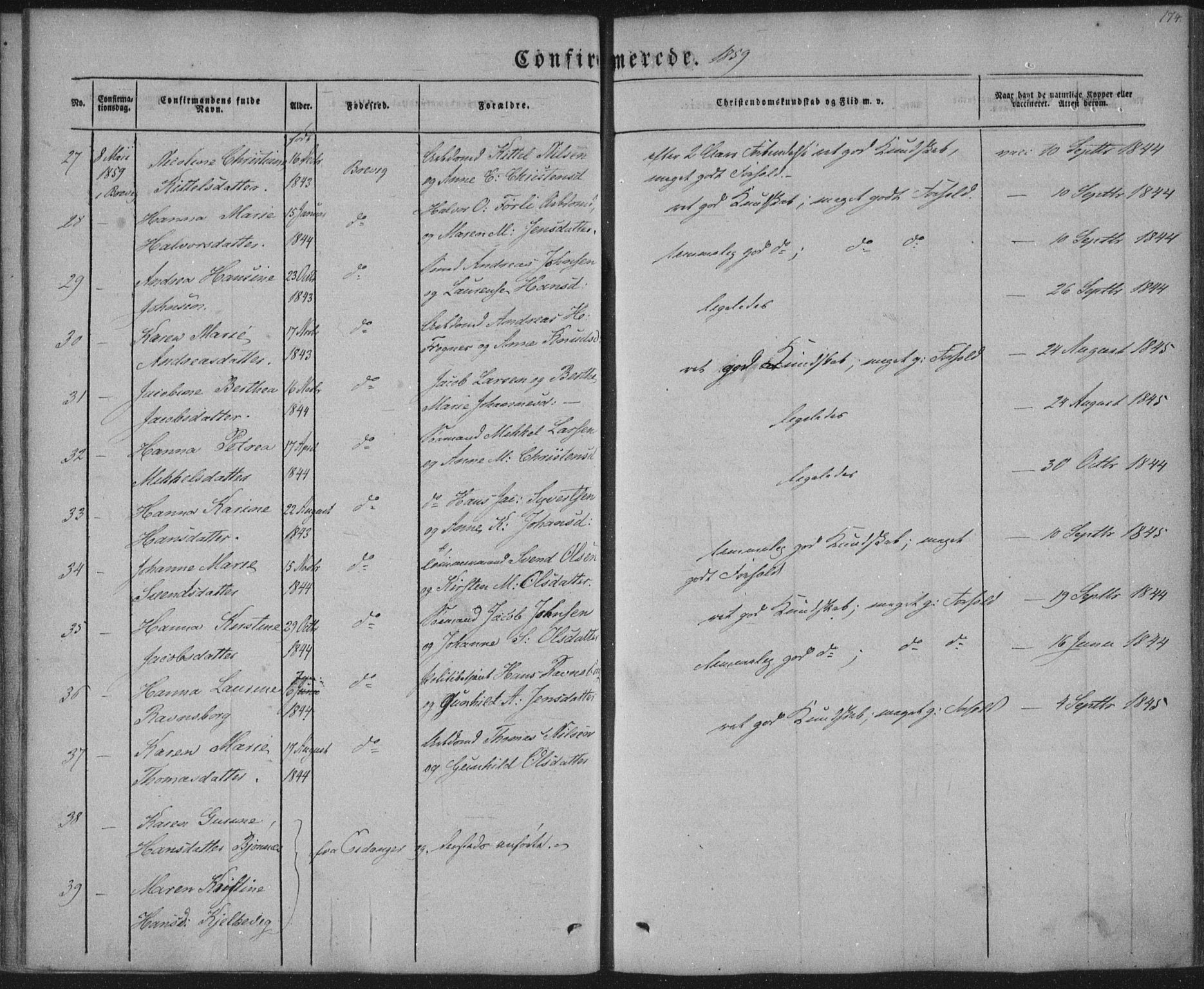 Brevik kirkebøker, AV/SAKO-A-255/F/Fa/L0005: Parish register (official) no. 5, 1847-1865, p. 174