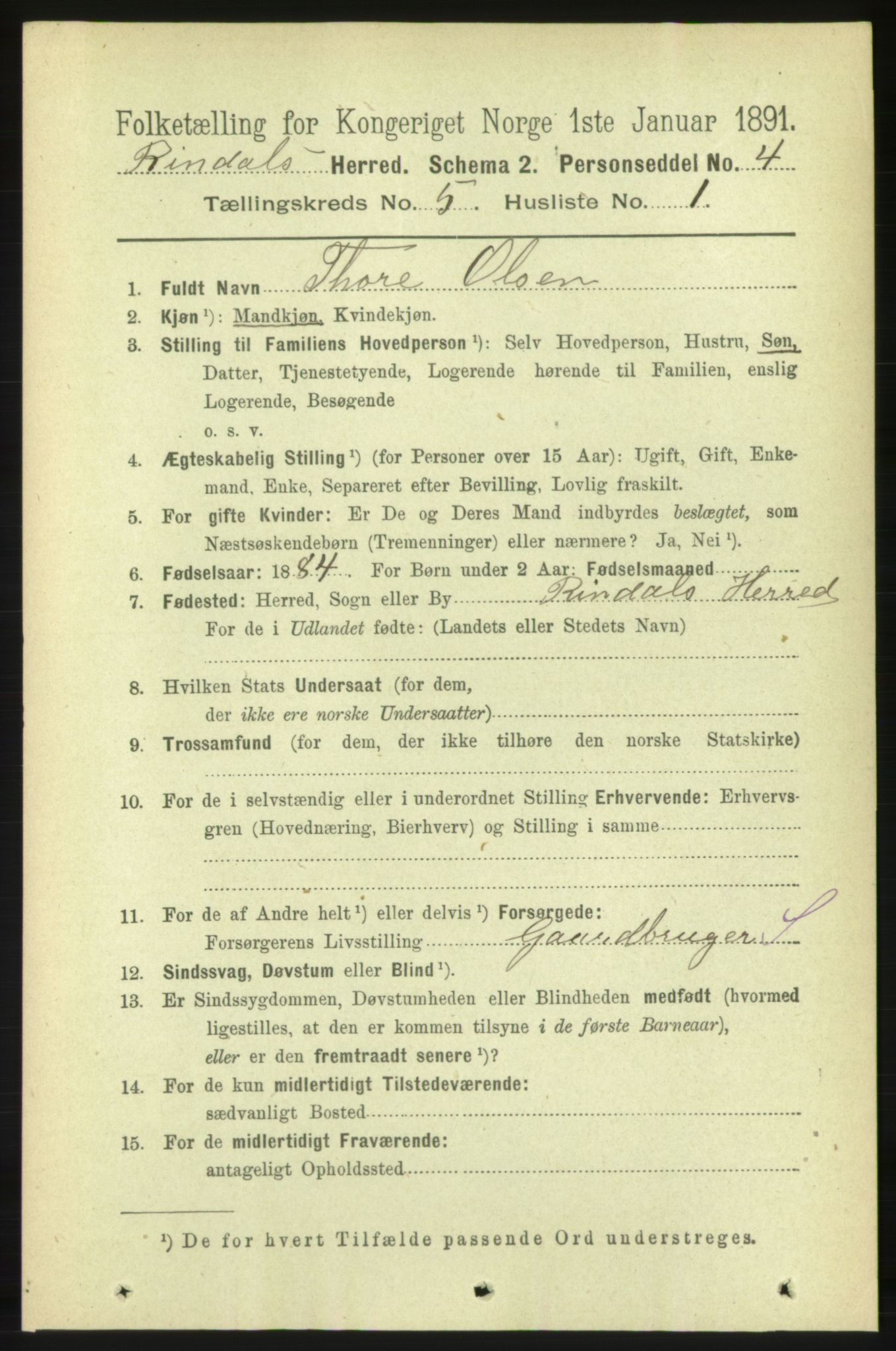 RA, 1891 census for 1567 Rindal, 1891, p. 1586