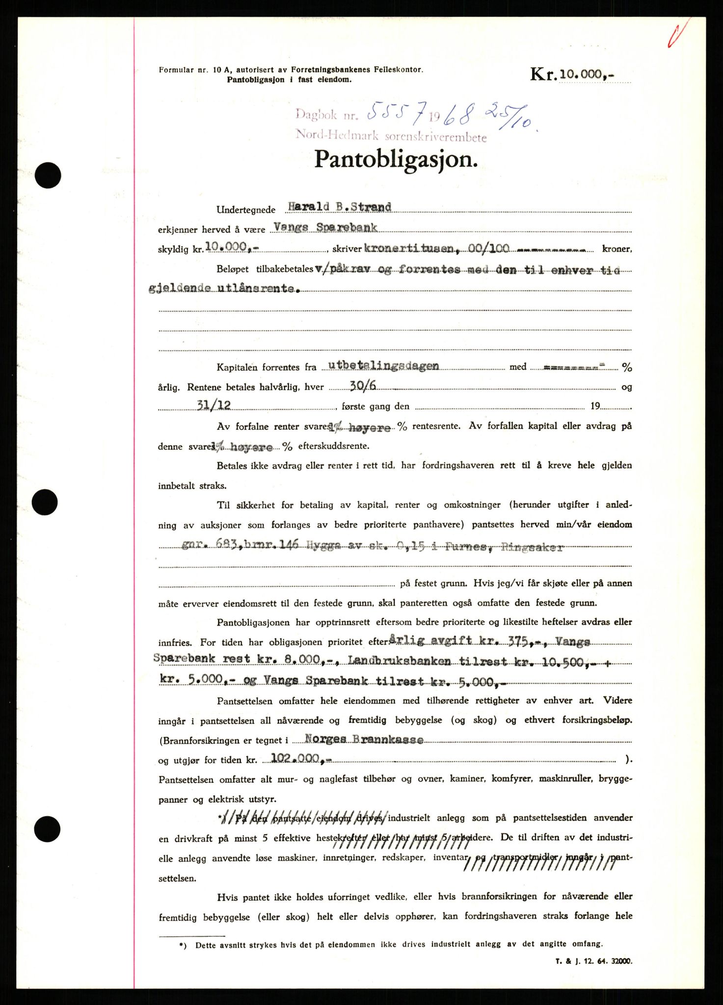 Nord-Hedmark sorenskriveri, SAH/TING-012/H/Hb/Hbf/L0077: Mortgage book no. B77, 1968-1969, Diary no: : 5557/1968