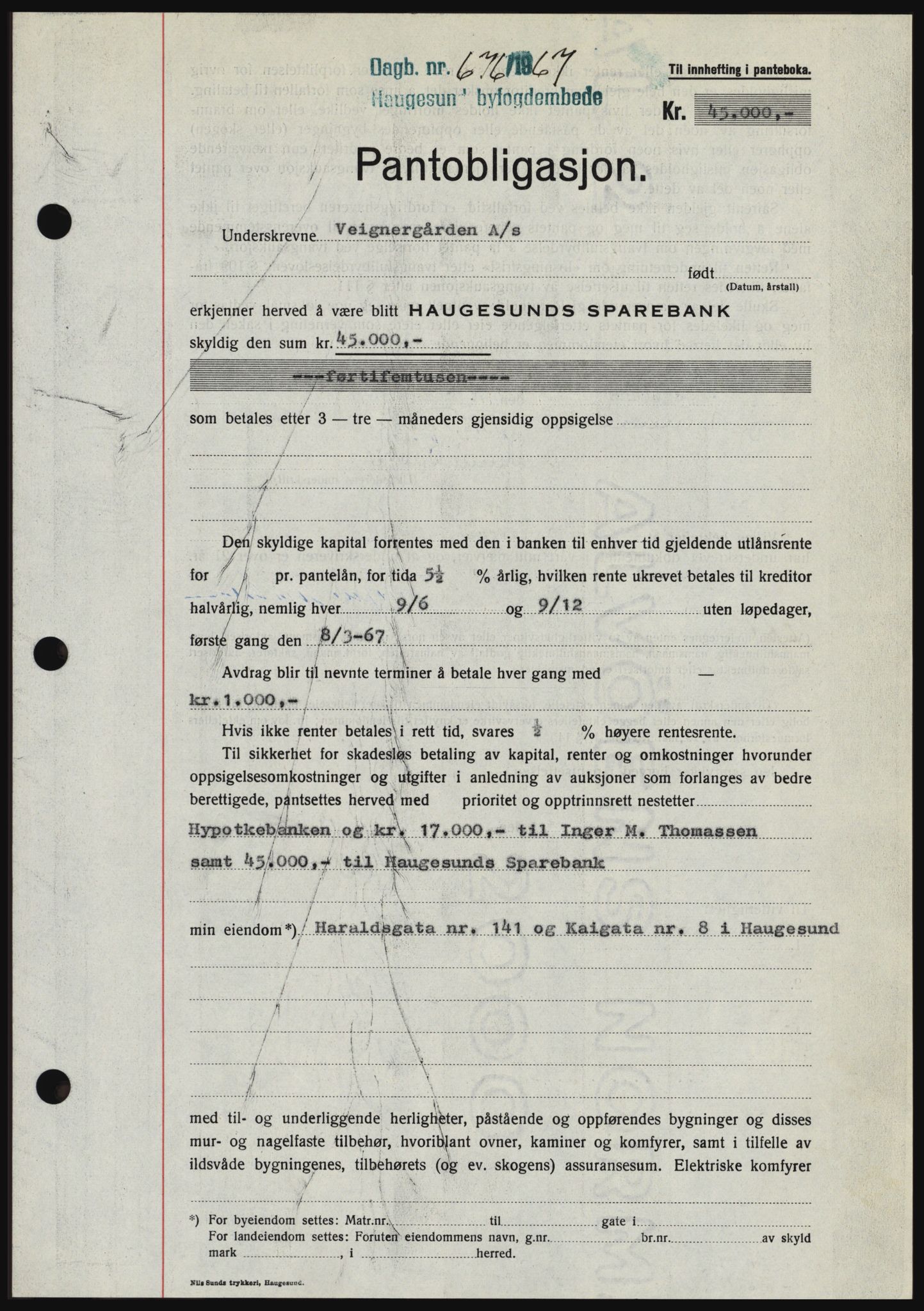 Haugesund tingrett, SAST/A-101415/01/II/IIC/L0056: Mortgage book no. B 56, 1966-1967, Diary no: : 676/1967