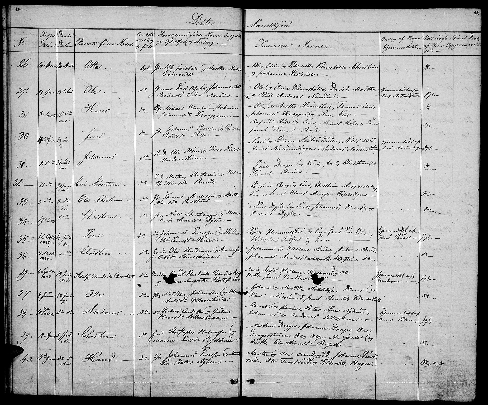 Vestre Toten prestekontor, AV/SAH-PREST-108/H/Ha/Hab/L0002: Parish register (copy) no. 2, 1836-1848, p. 42-43