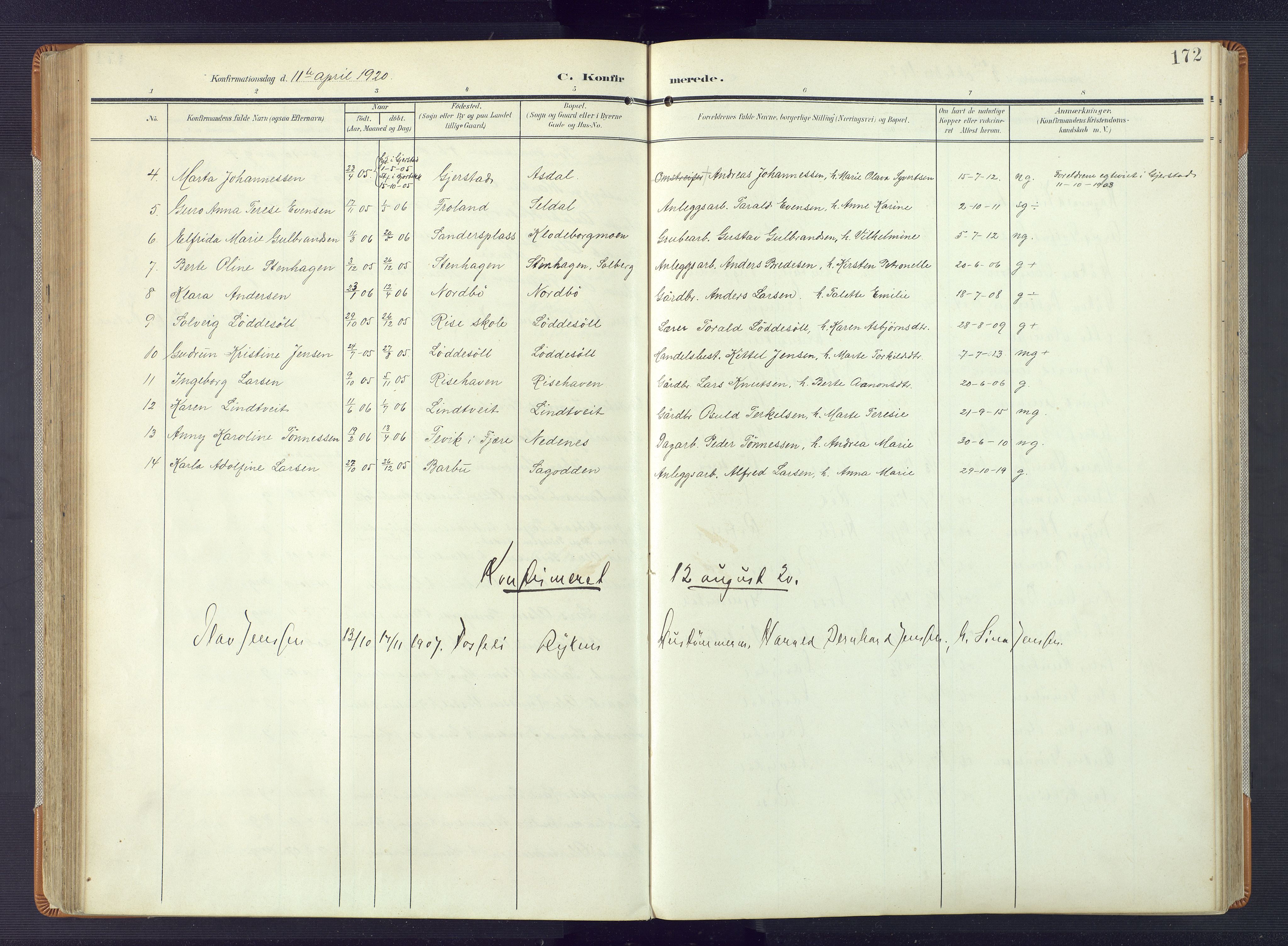 Øyestad sokneprestkontor, AV/SAK-1111-0049/F/Fa/L0019: Parish register (official) no. A 19, 1908-1922, p. 172