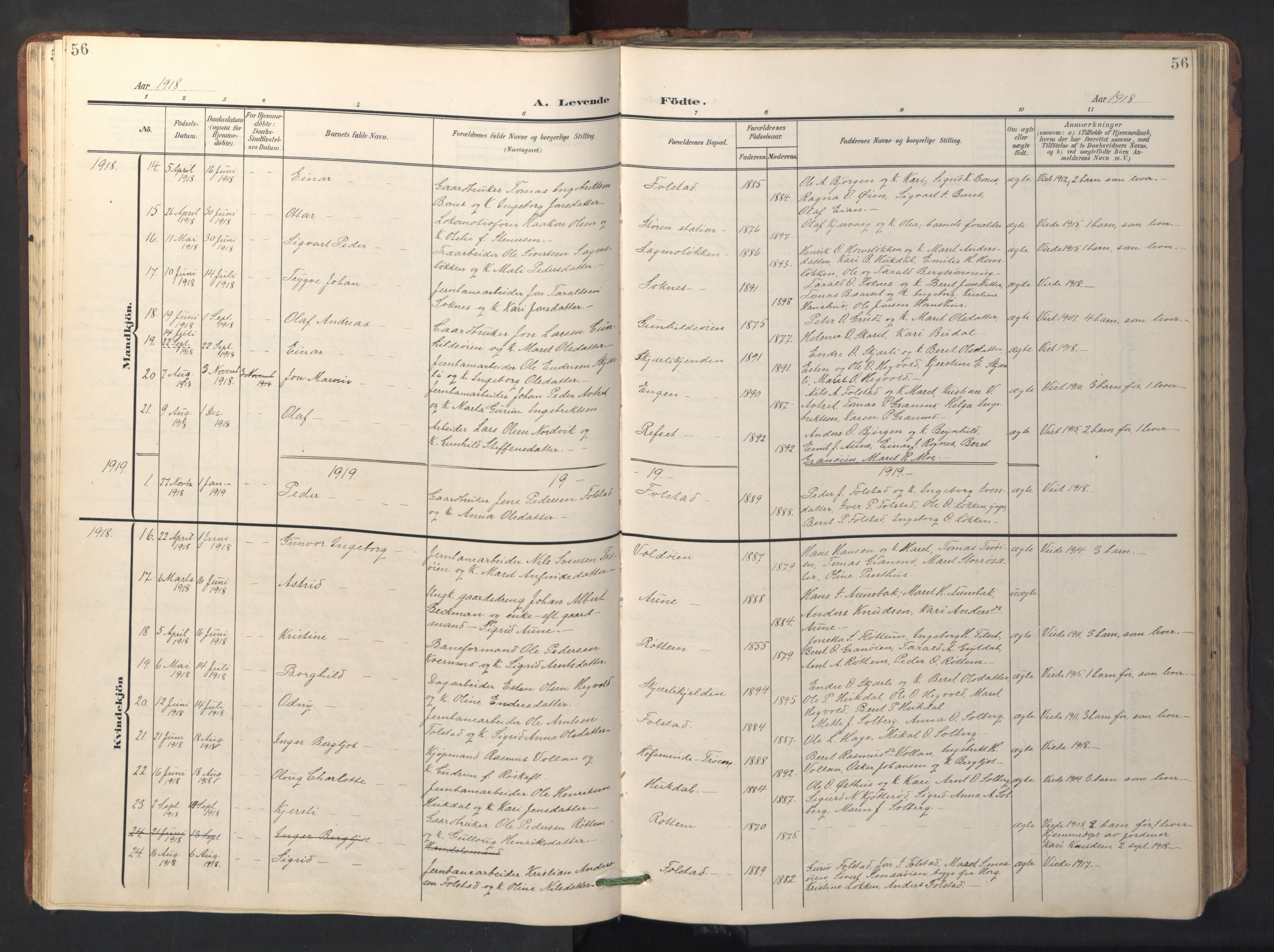 Ministerialprotokoller, klokkerbøker og fødselsregistre - Sør-Trøndelag, SAT/A-1456/687/L1019: Parish register (copy) no. 687C03, 1904-1931, p. 56