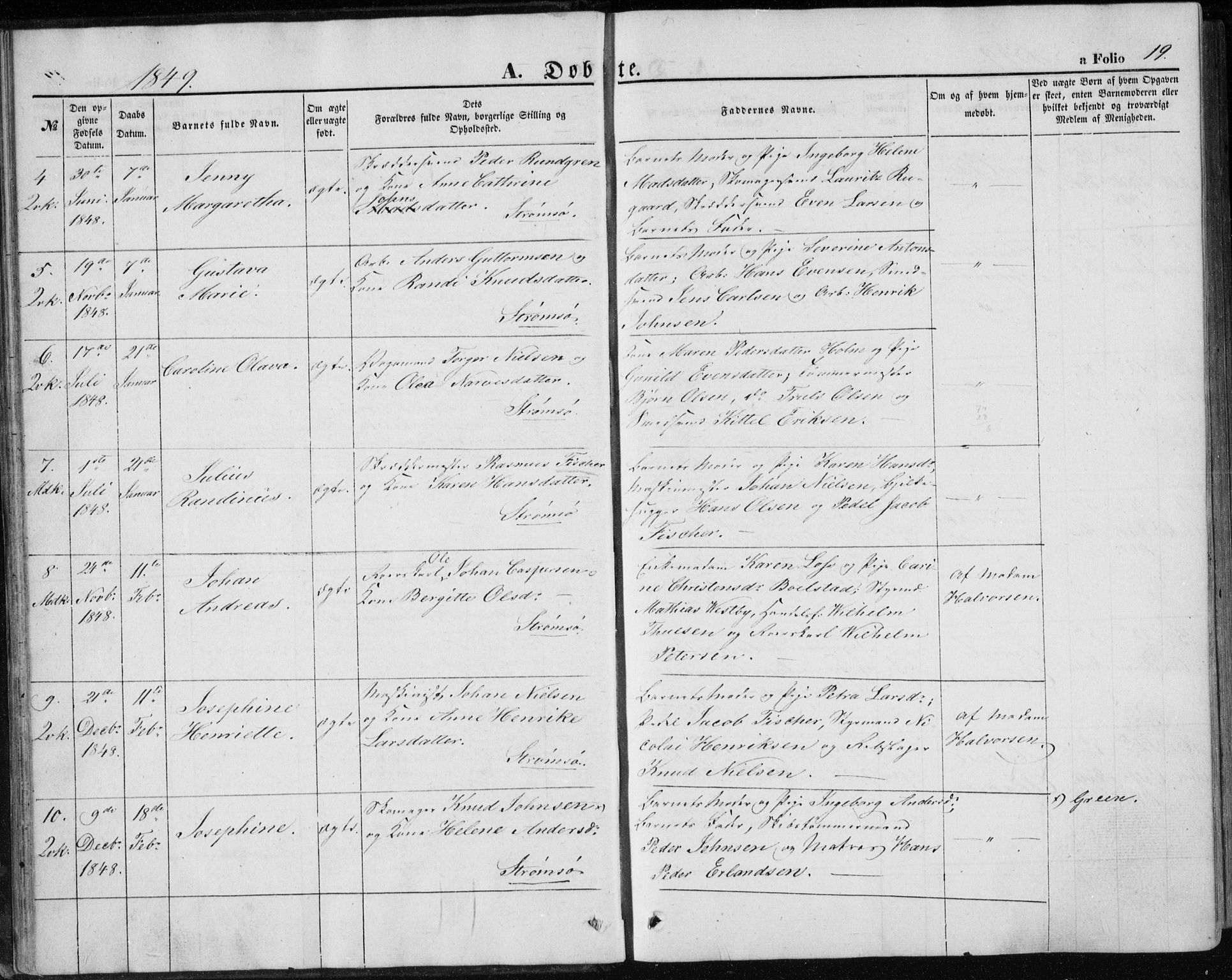 Strømsø kirkebøker, AV/SAKO-A-246/F/Fa/L0014: Parish register (official) no. I 14, 1848-1858, p. 19