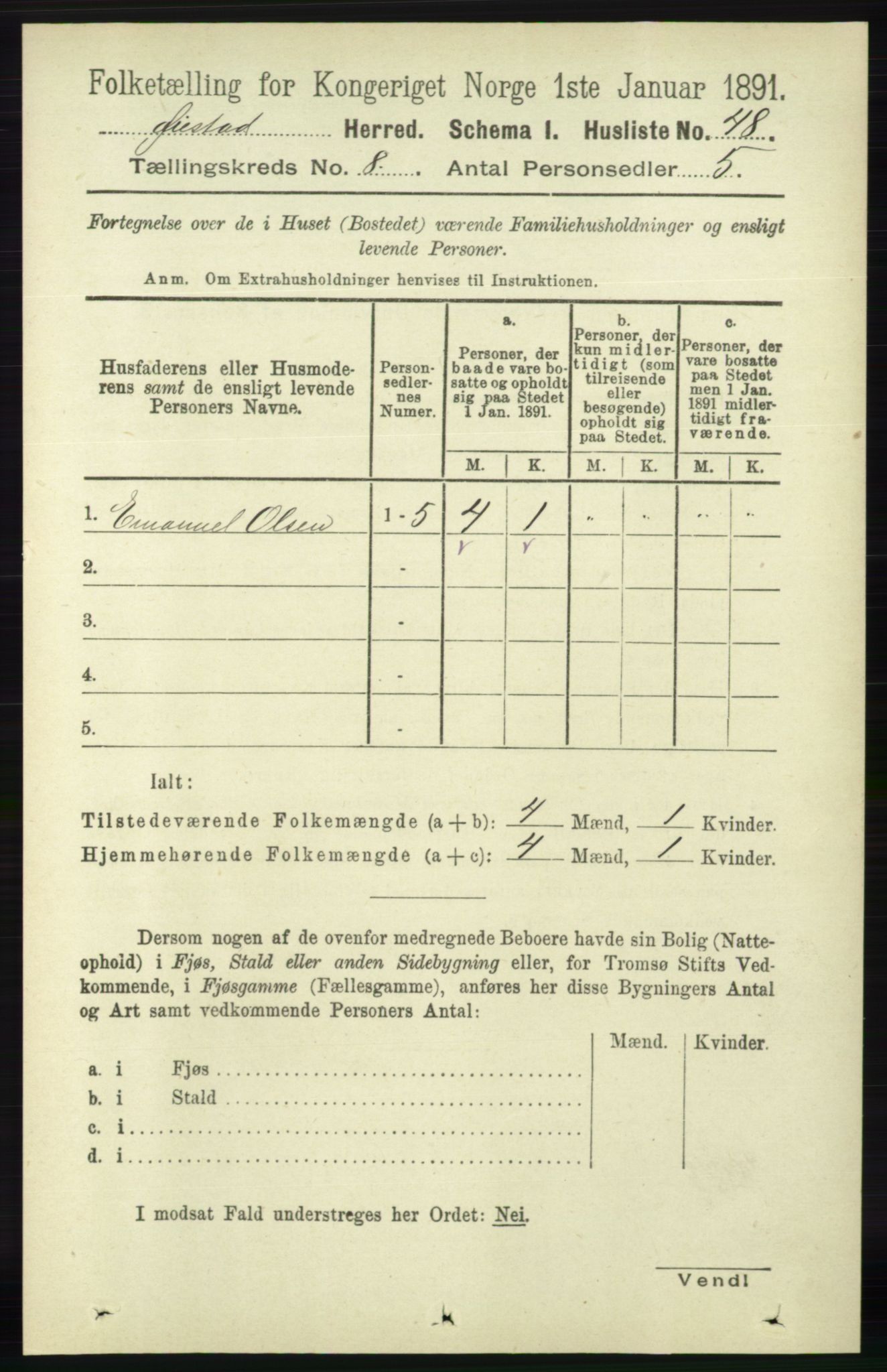 RA, 1891 census for 0920 Øyestad, 1891, p. 3182