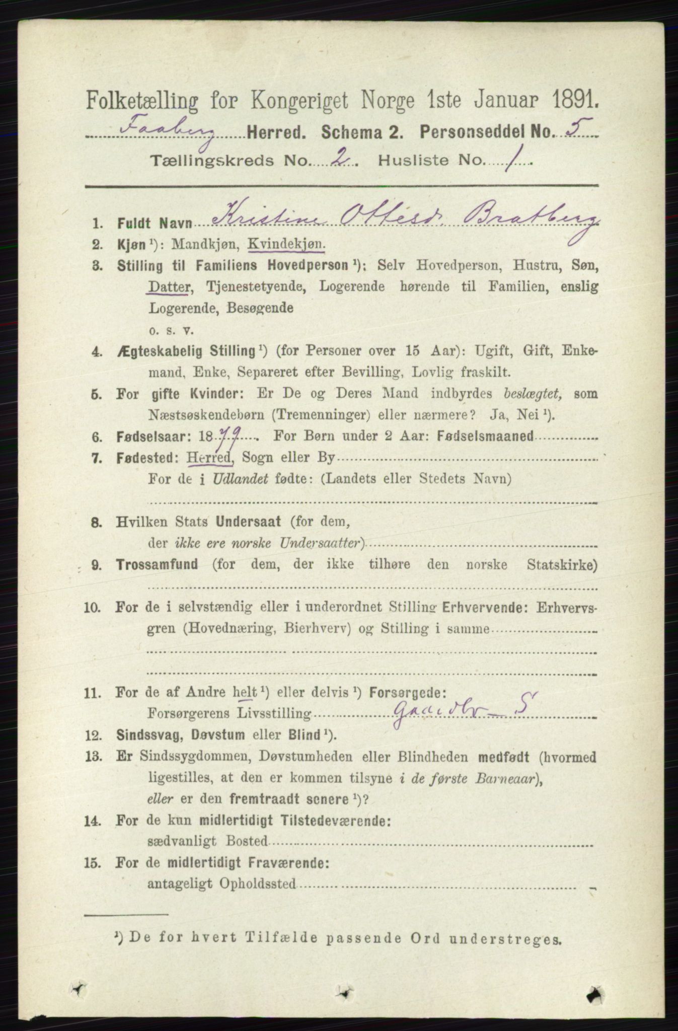 RA, 1891 census for 0524 Fåberg, 1891, p. 601