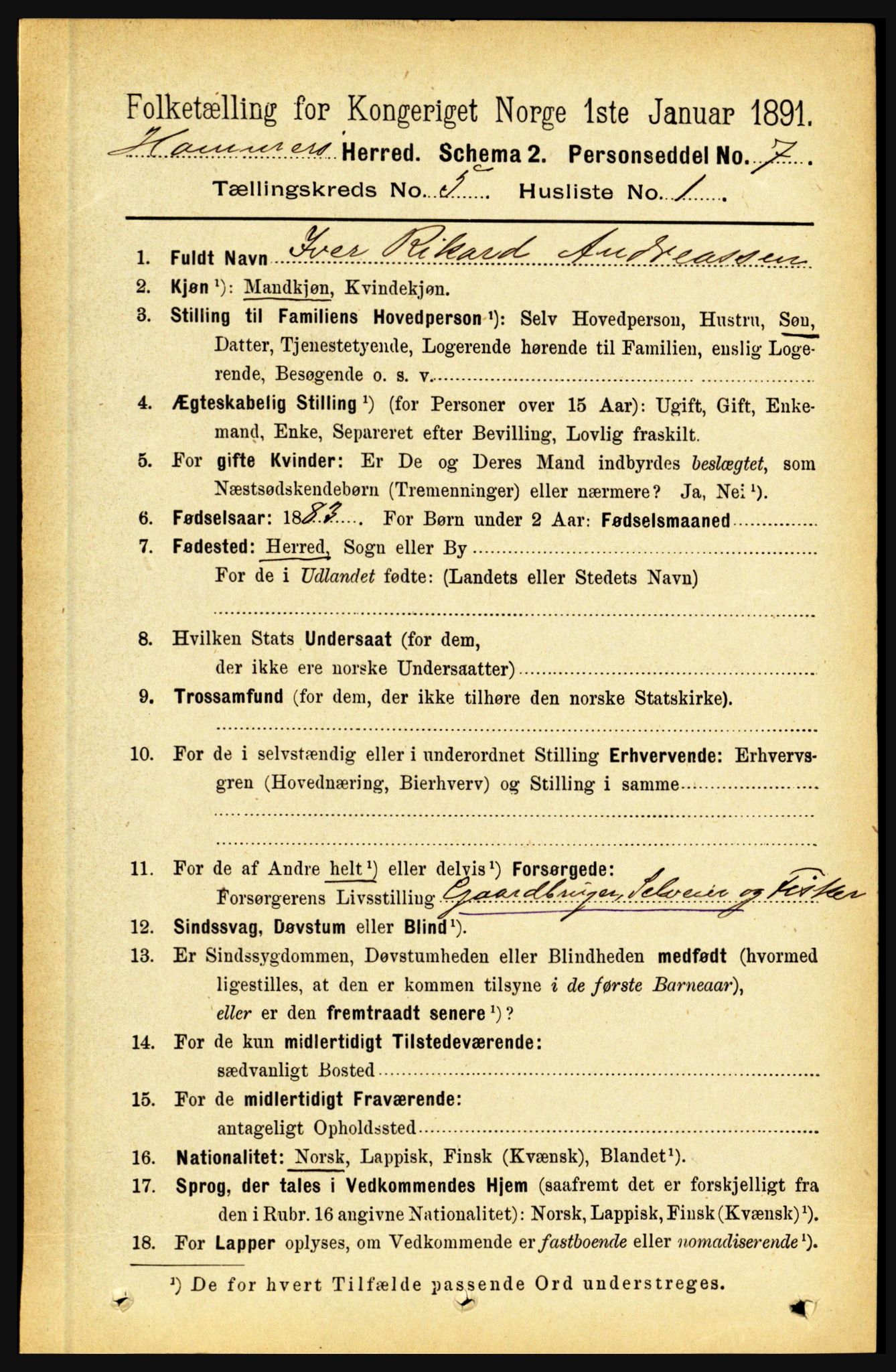 RA, 1891 census for 1849 Hamarøy, 1891, p. 2489