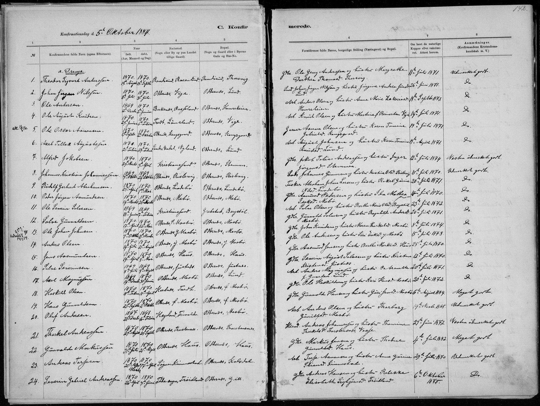 Oddernes sokneprestkontor, SAK/1111-0033/F/Fa/Faa/L0009: Parish register (official) no. A 9, 1884-1896, p. 142
