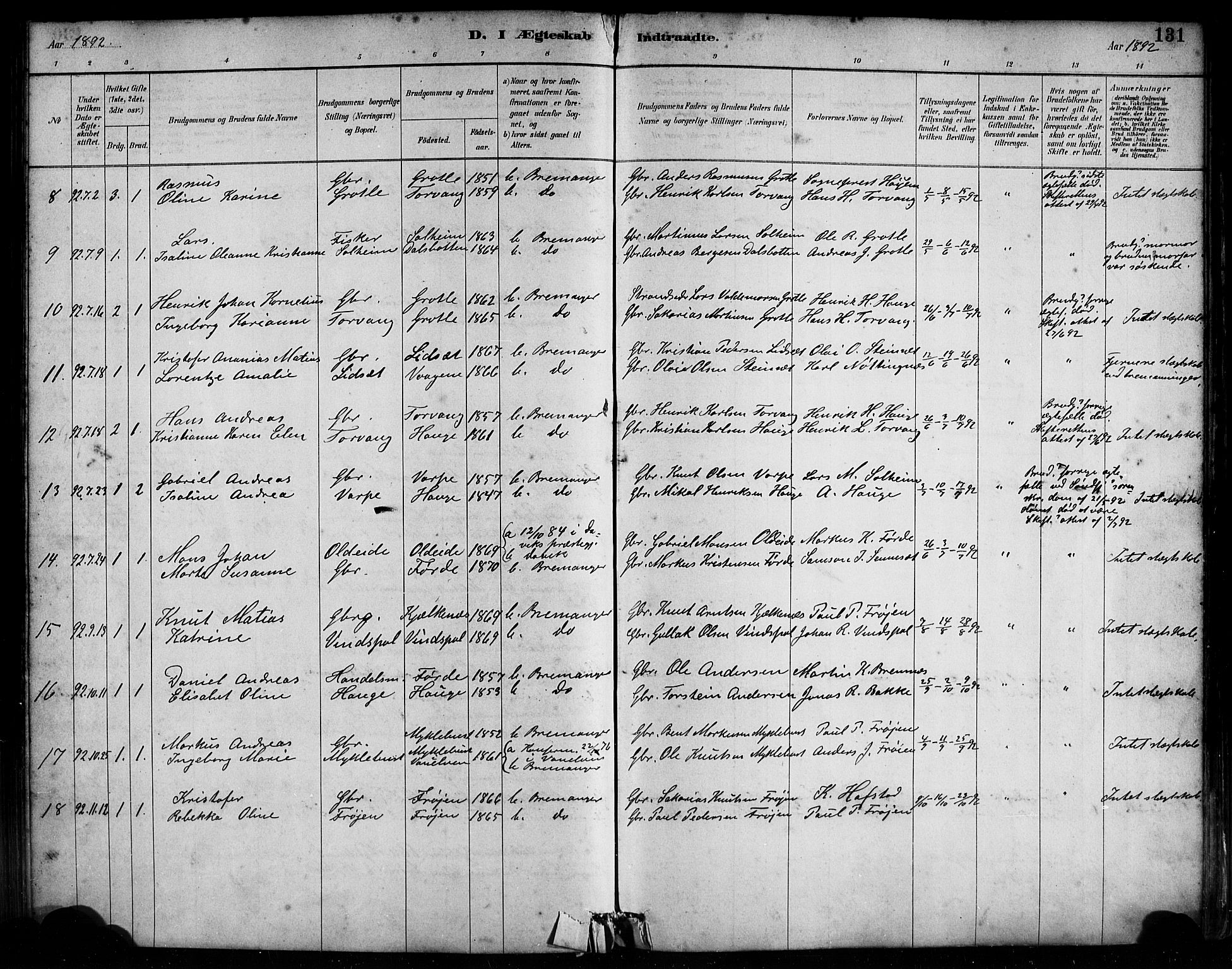 Bremanger sokneprestembete, AV/SAB-A-82201/H/Haa/Haab/L0001: Parish register (official) no. B 1, 1884-1895, p. 131