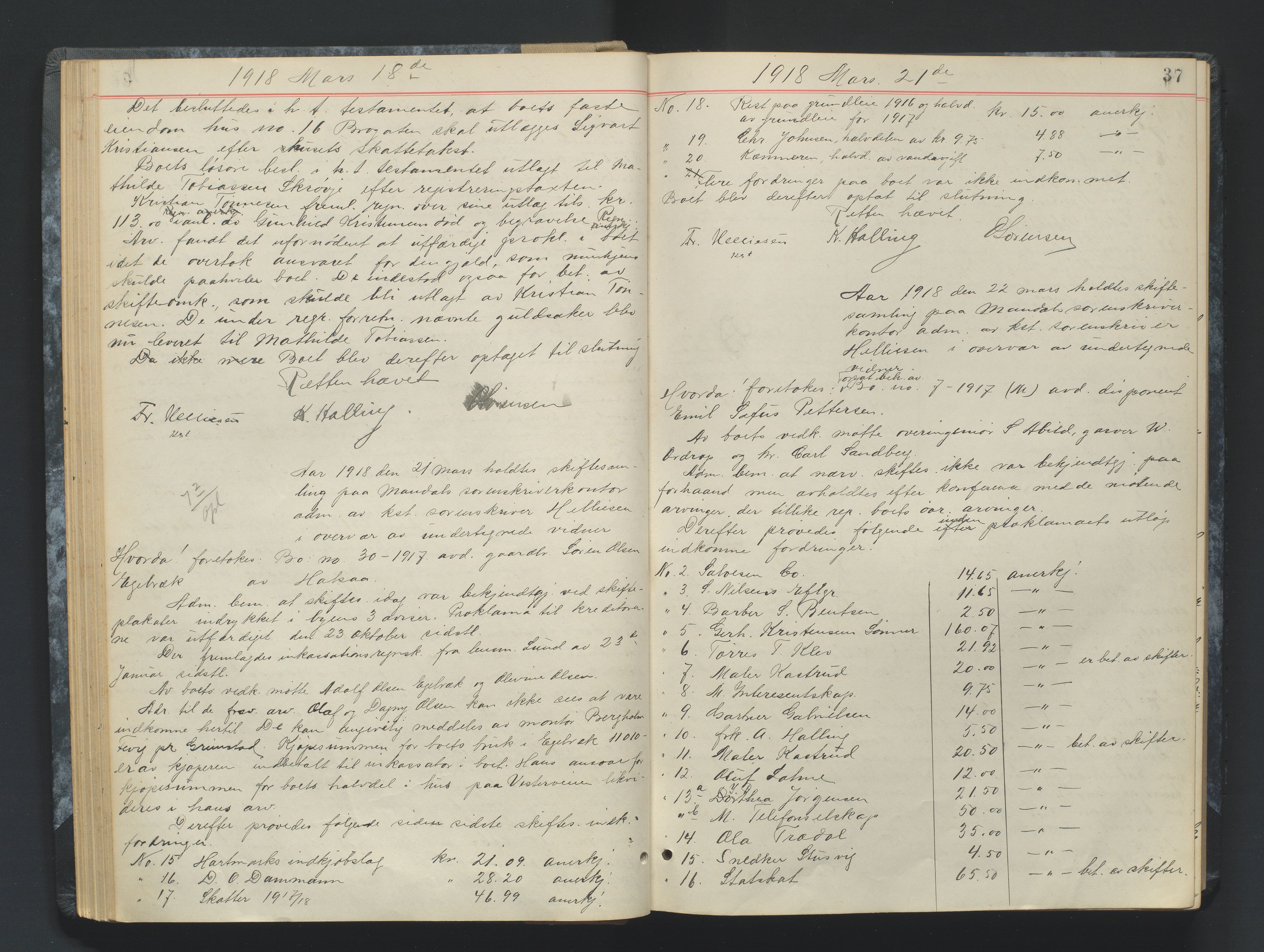 Mandal sorenskriveri, AV/SAK-1221-0005/001/H/Hc/L0083: Skifteforhandlingsprotokoll nr 15, 1917-1921, p. 37