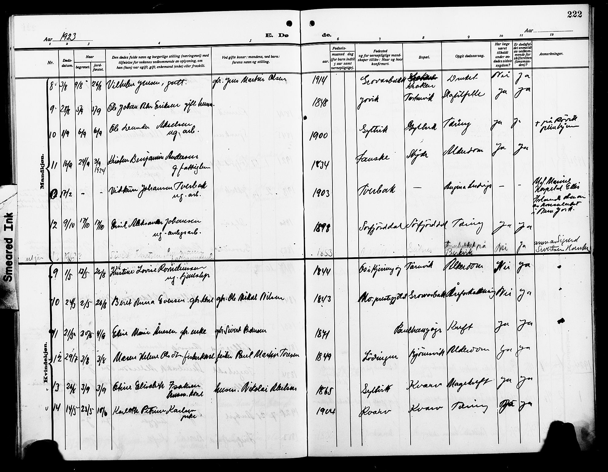 Ministerialprotokoller, klokkerbøker og fødselsregistre - Nordland, AV/SAT-A-1459/854/L0787: Parish register (copy) no. 854C03, 1913-1926, p. 222