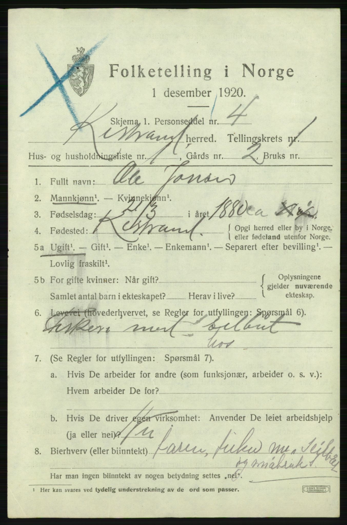 SATØ, 1920 census for Kistrand, 1920, p. 846