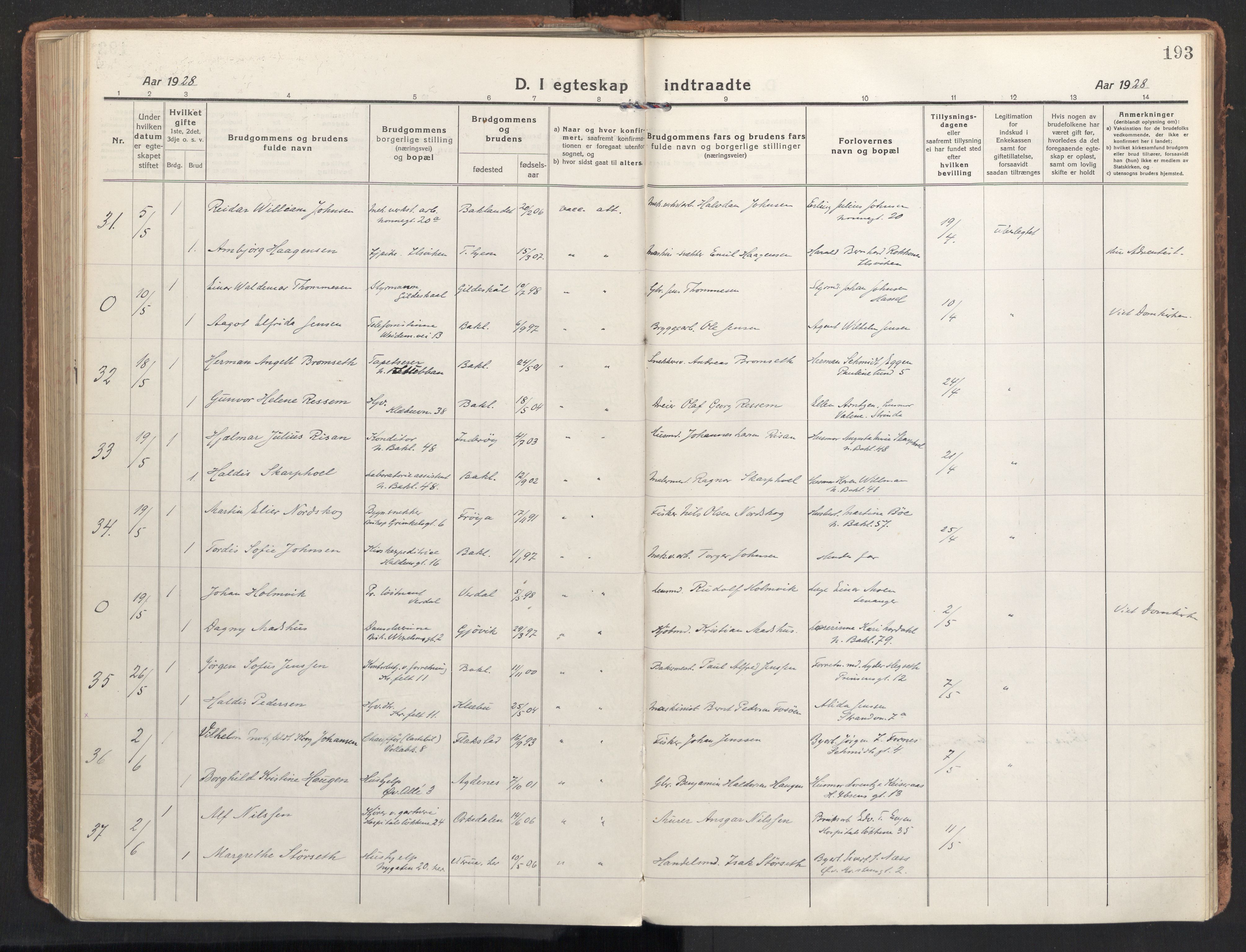 Ministerialprotokoller, klokkerbøker og fødselsregistre - Sør-Trøndelag, AV/SAT-A-1456/604/L0206: Parish register (official) no. 604A26, 1917-1931, p. 193