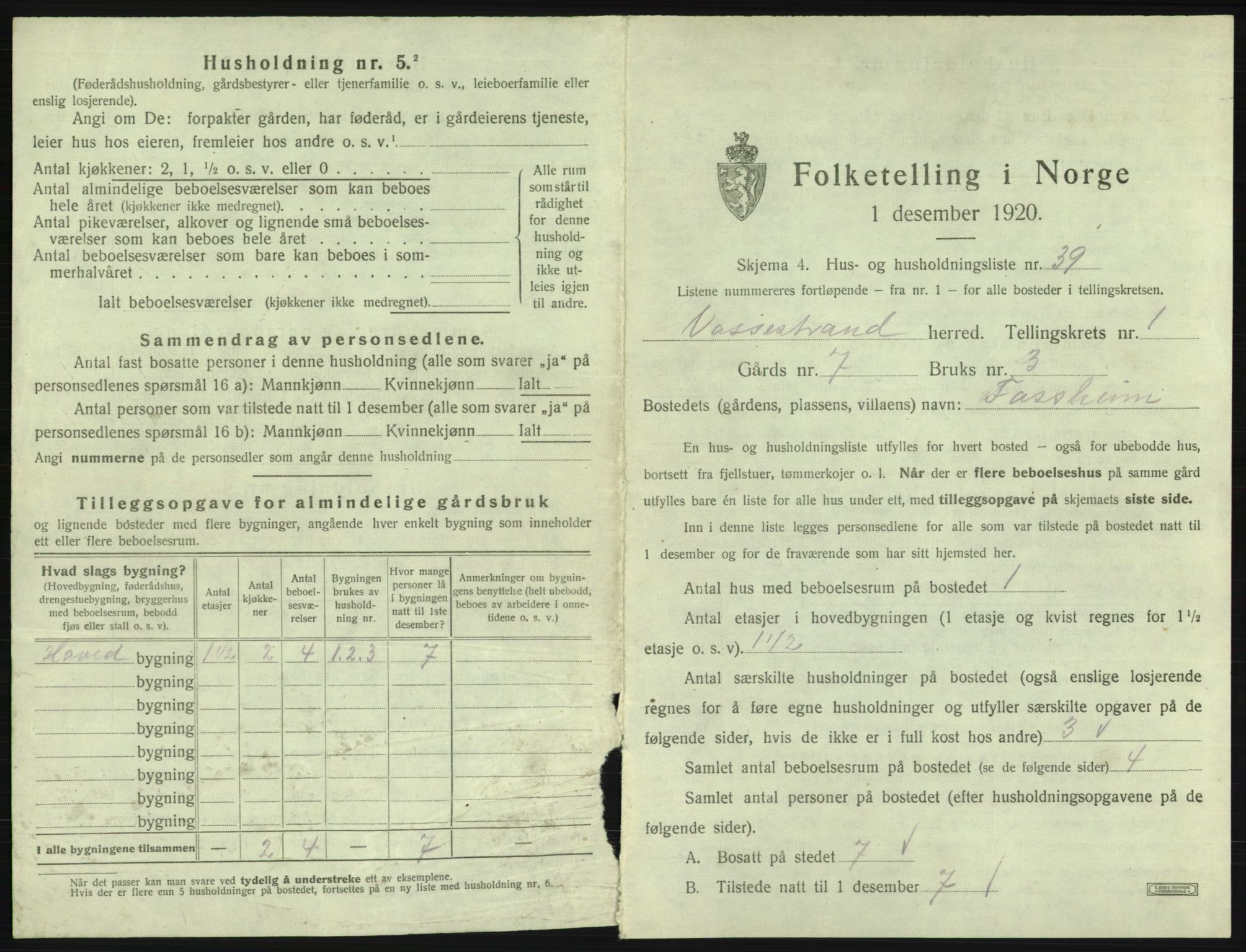 SAB, 1920 census for Vossestrand, 1920, p. 114