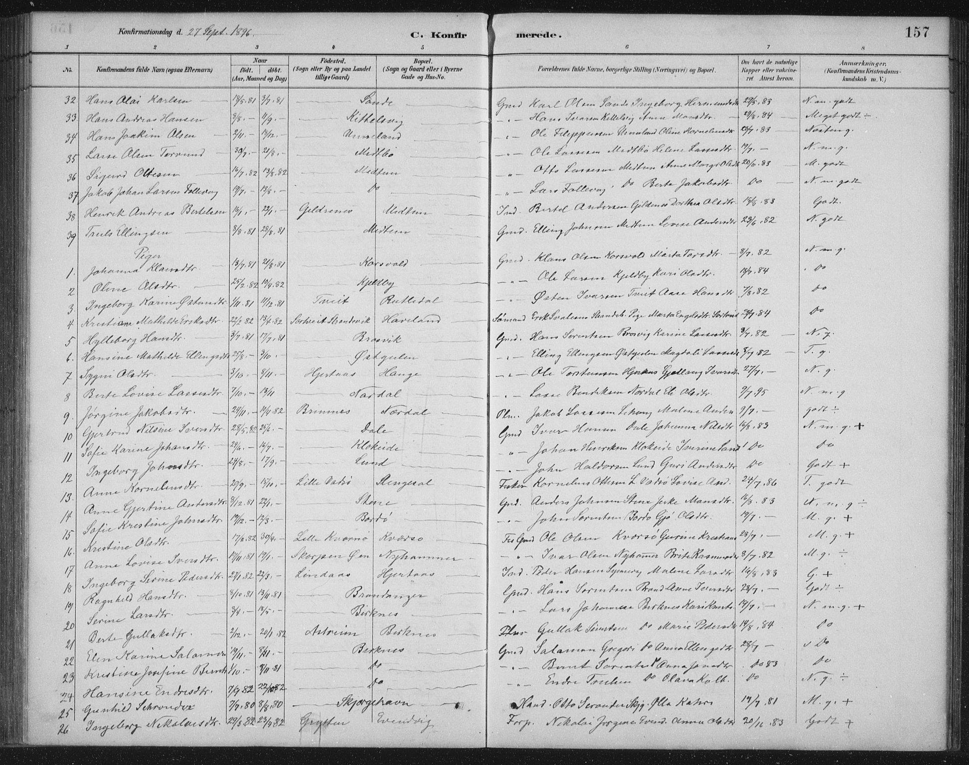 Gulen sokneprestembete, AV/SAB-A-80201/H/Hab/Habb/L0003: Parish register (copy) no. B 3, 1884-1907, p. 157