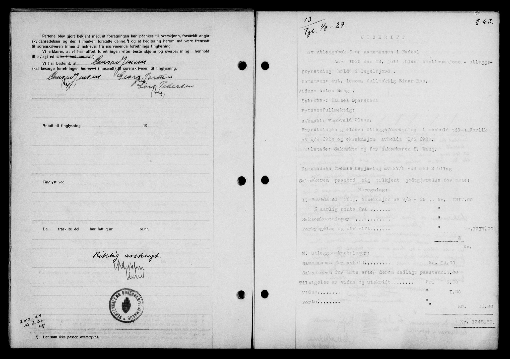 Vesterålen sorenskriveri, SAT/A-4180/1/2/2Ca/L0049: Mortgage book no. 42, 1929-1929, Deed date: 01.08.1929