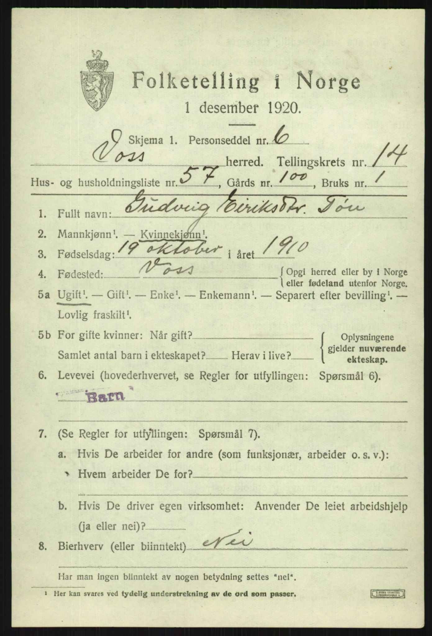 SAB, 1920 census for Voss, 1920, p. 12487