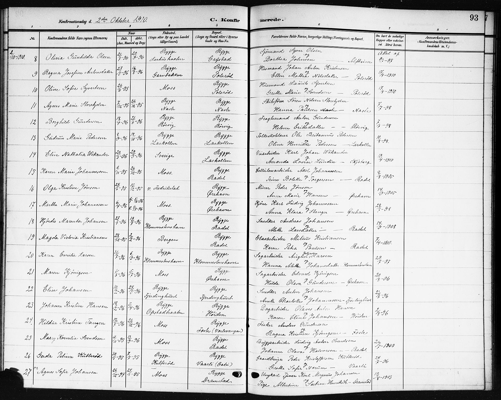 Rygge prestekontor Kirkebøker, AV/SAO-A-10084b/G/Ga/L0003: Parish register (copy) no. 3, 1906-1921, p. 93